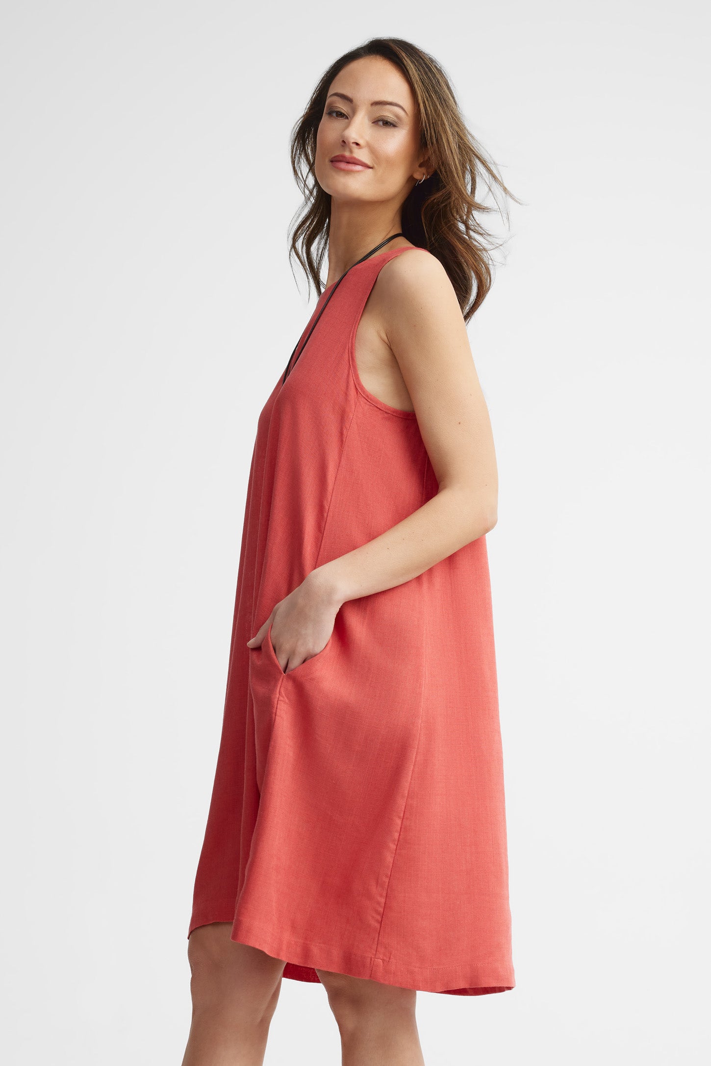 Robe sans manches ligne-A lin - Femme && ROUGE