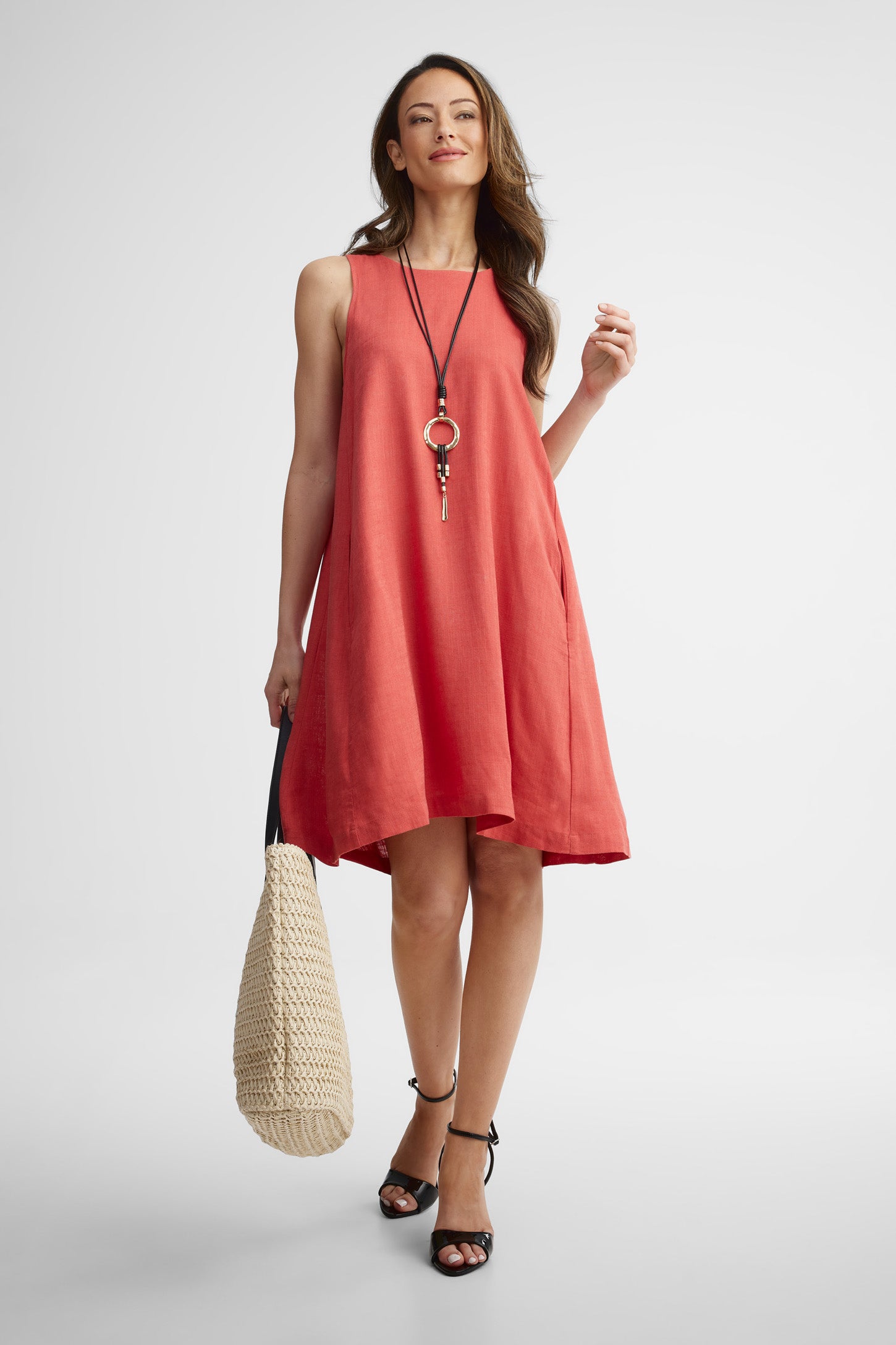 Robe sans manches ligne-A lin - Femme && ROUGE
