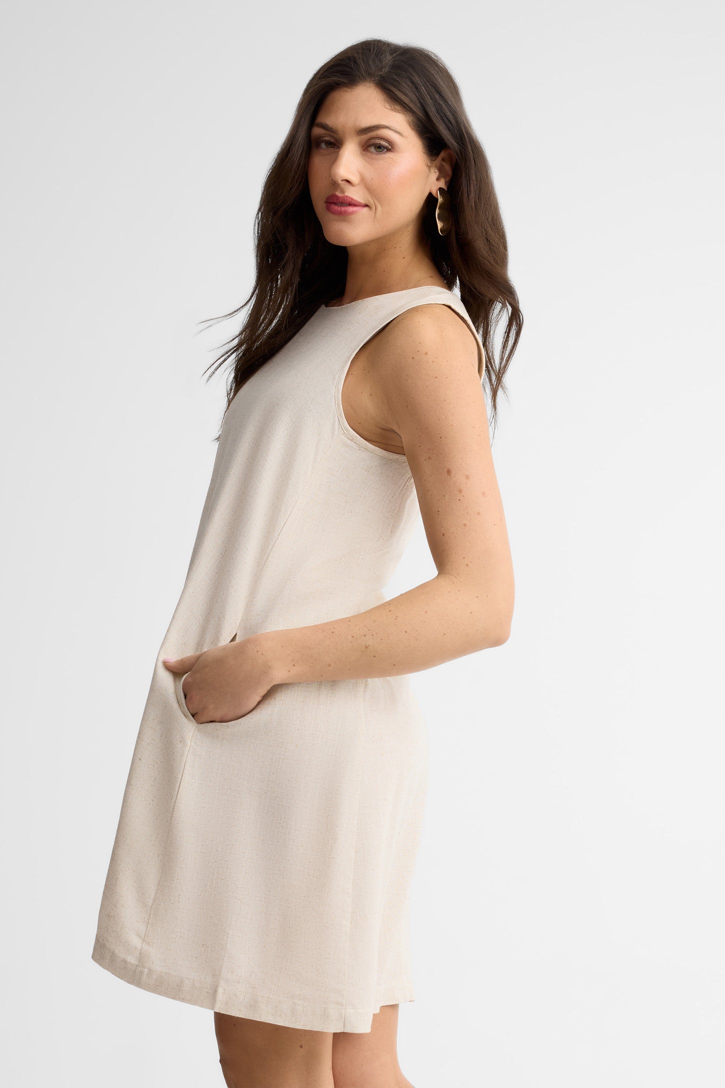 Robe sans manches ligne-A lin - Femme && BEIGE