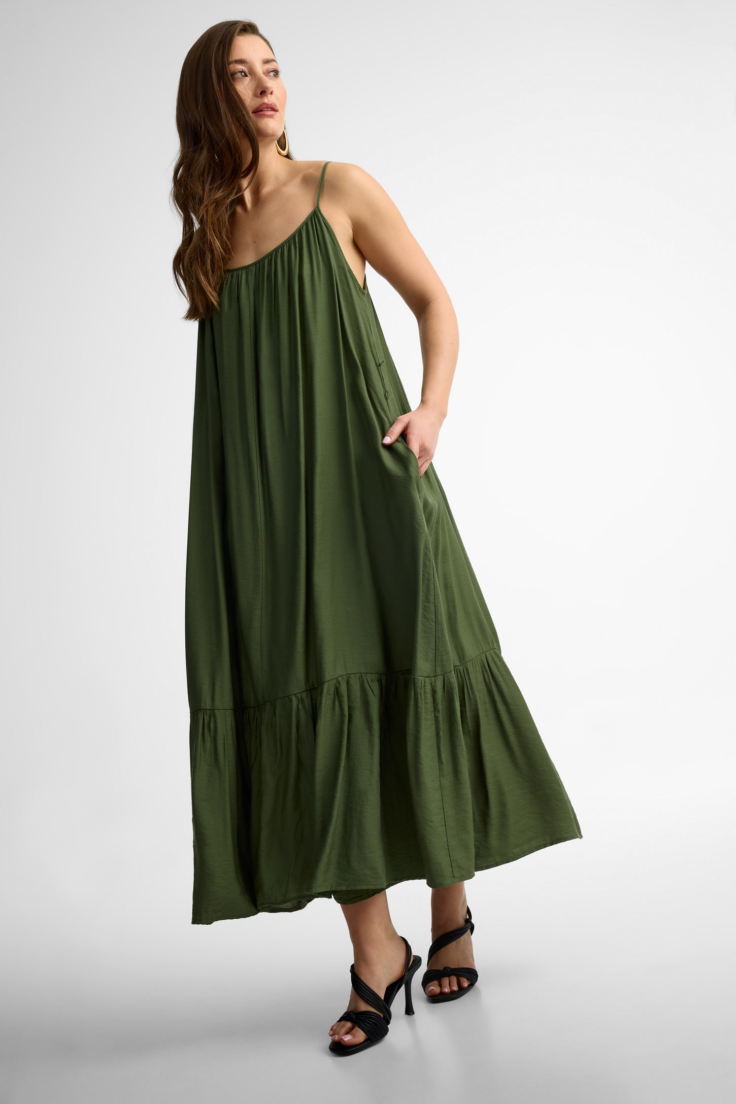 Robe maxi à bretelles coton - Femme && KAKI