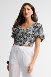 Chemisier écourté manches courtes bouffantes - Femme && NOIR/MULTI