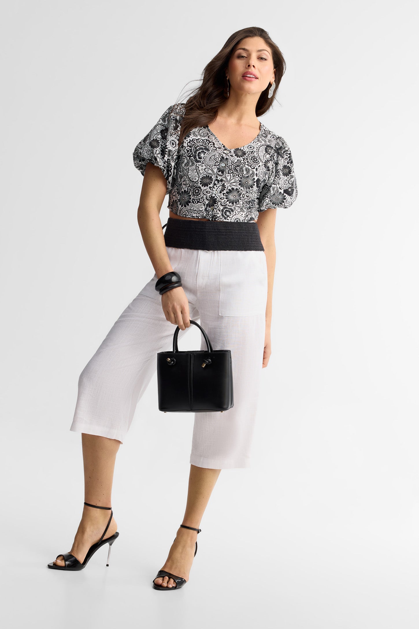 Chemisier écourté manches courtes bouffantes - Femme && NOIR/MULTI