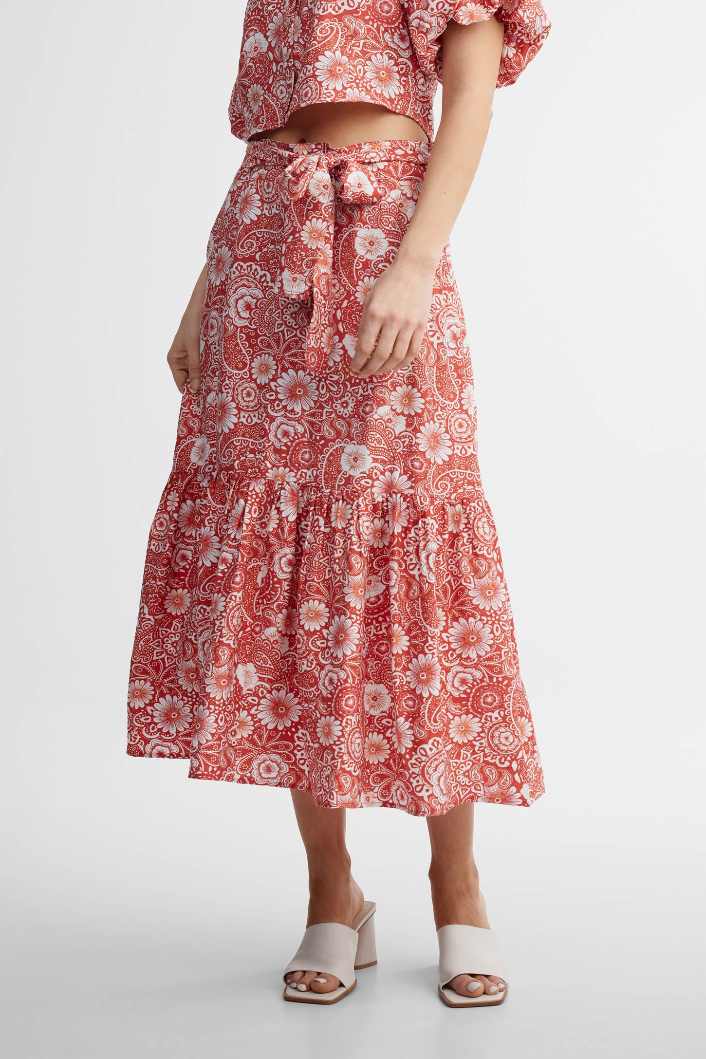 Jupe midi - Femme && ROUGE/MULTI