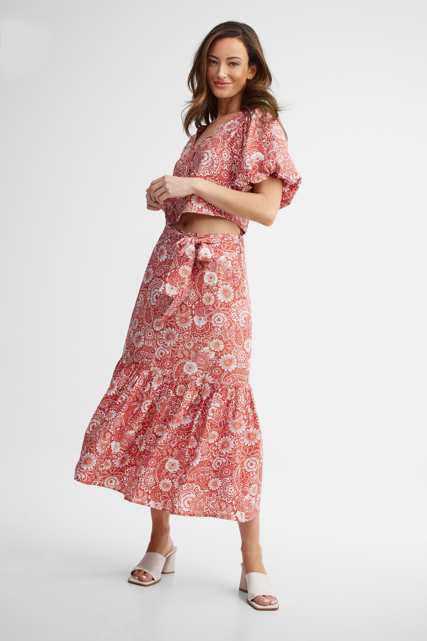 Jupe midi - Femme && ROUGE/MULTI