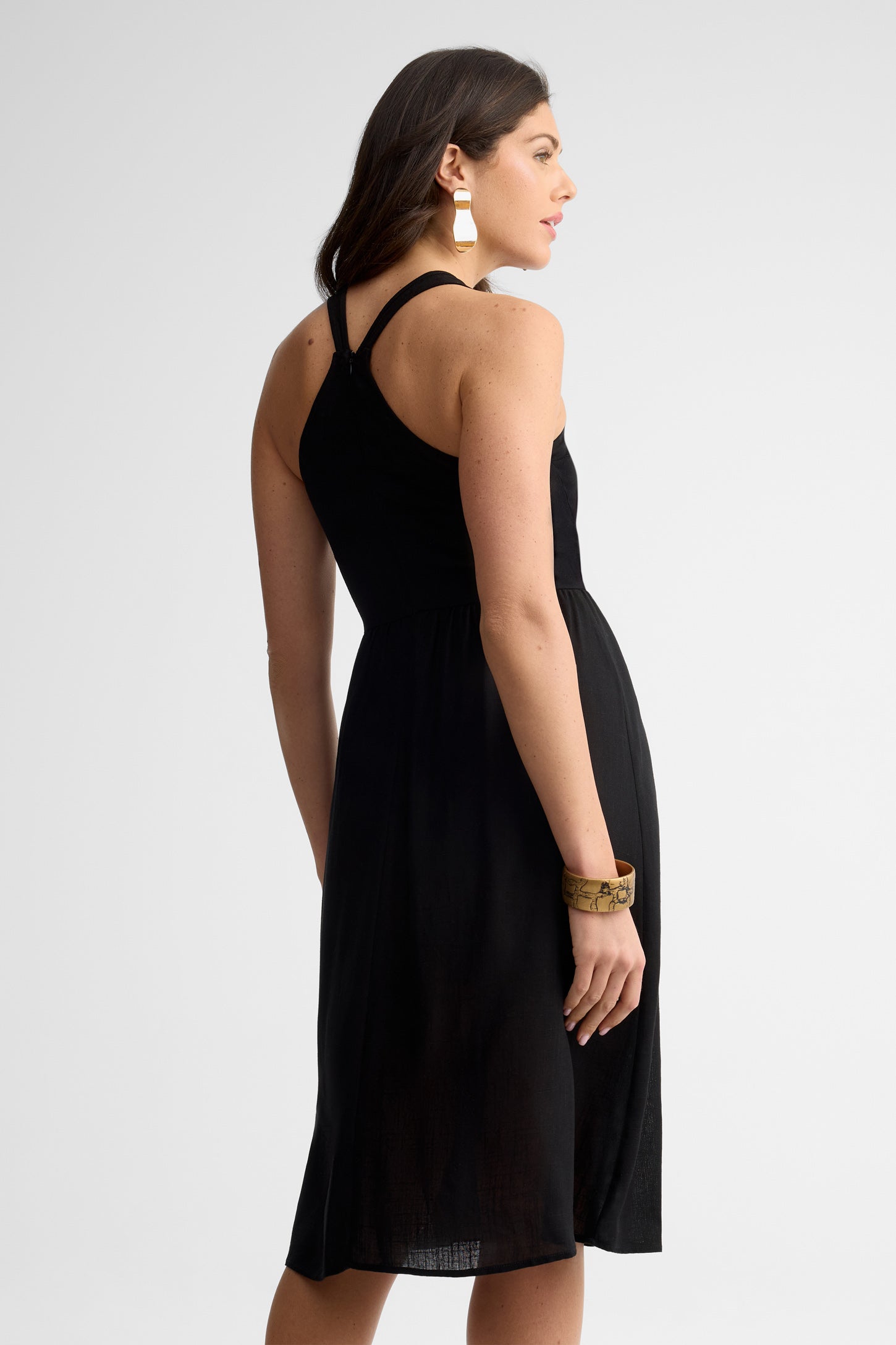 Robe midi col en V lin - Femme && NOIR