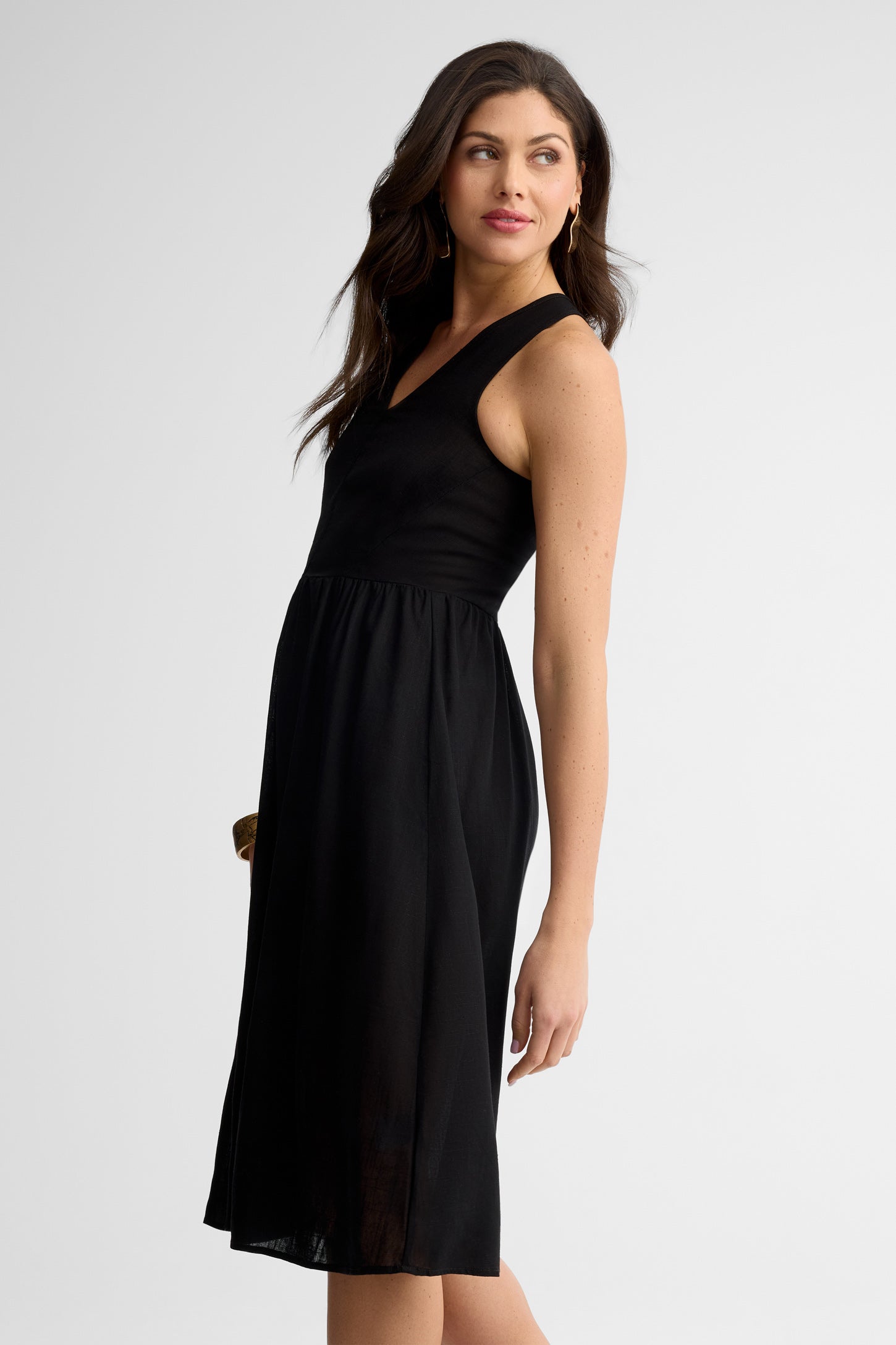 Robe midi col en V lin - Femme && NOIR