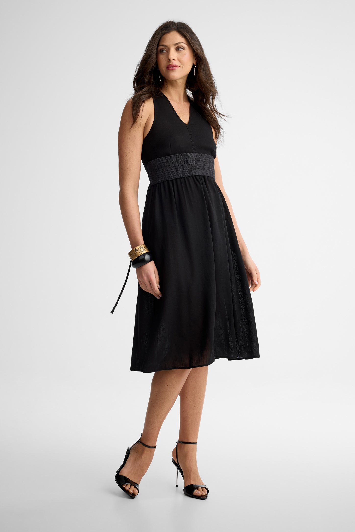 Robe midi col en V lin - Femme && NOIR
