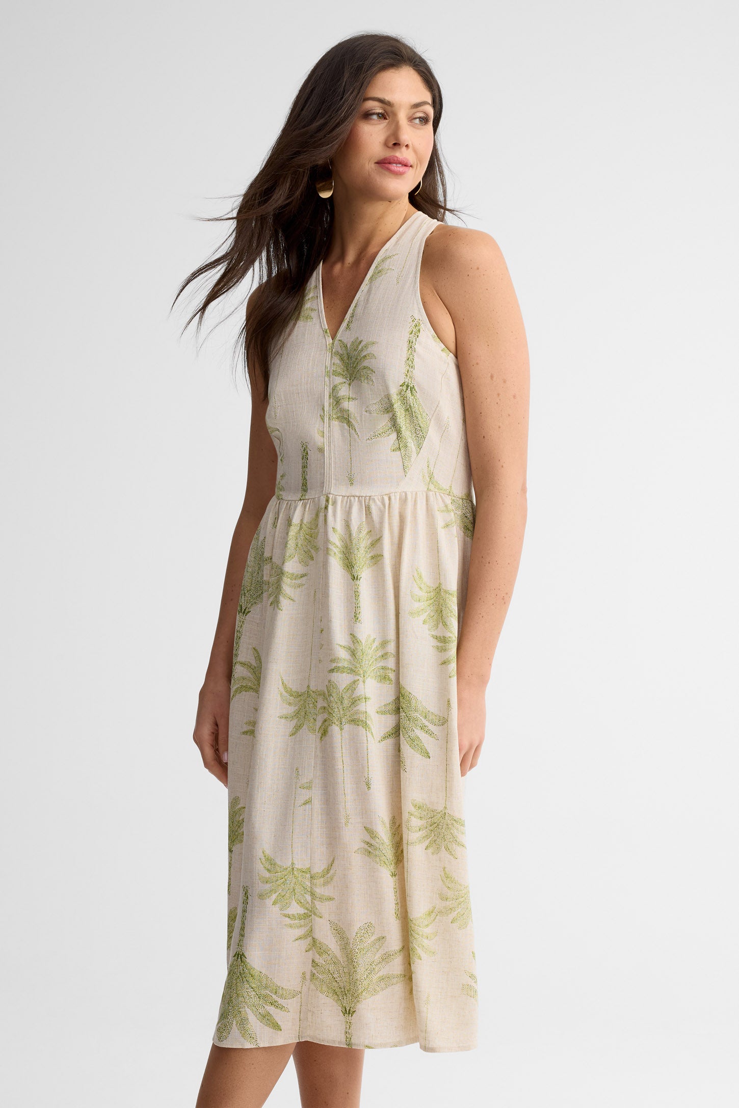Robe midi col en V lin - Femme && BEIGE/MULTI