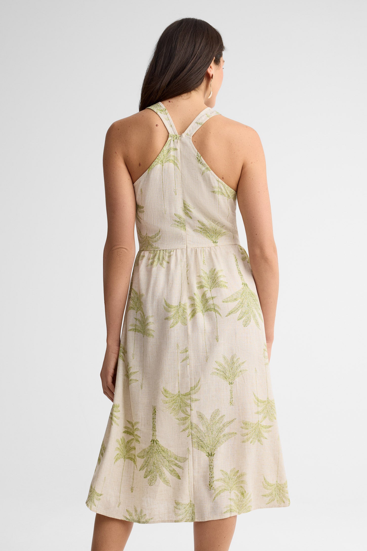 Robe midi col en V lin - Femme && BEIGE/MULTI