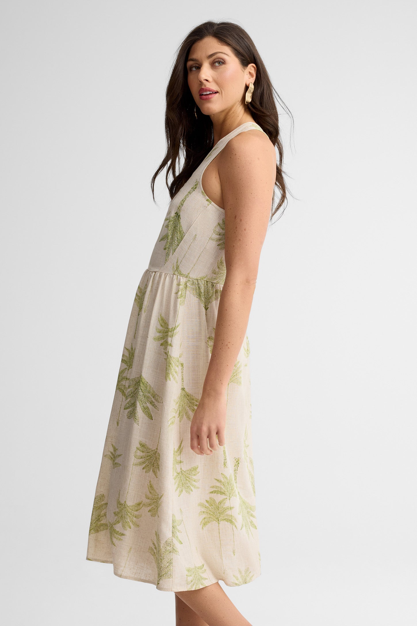 Robe midi col en V lin - Femme && BEIGE/MULTI