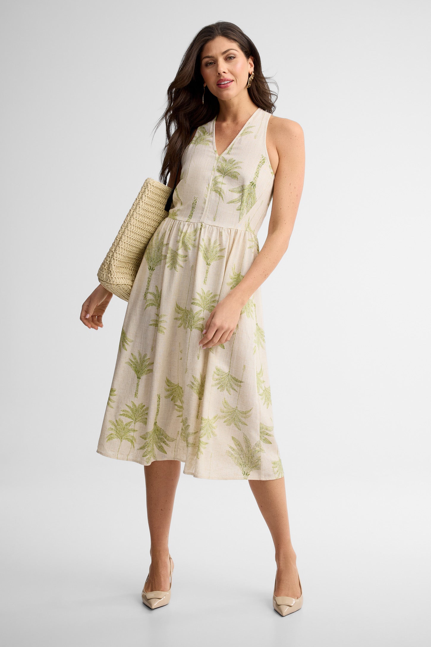 Robe midi col en V lin - Femme && BEIGE/MULTI