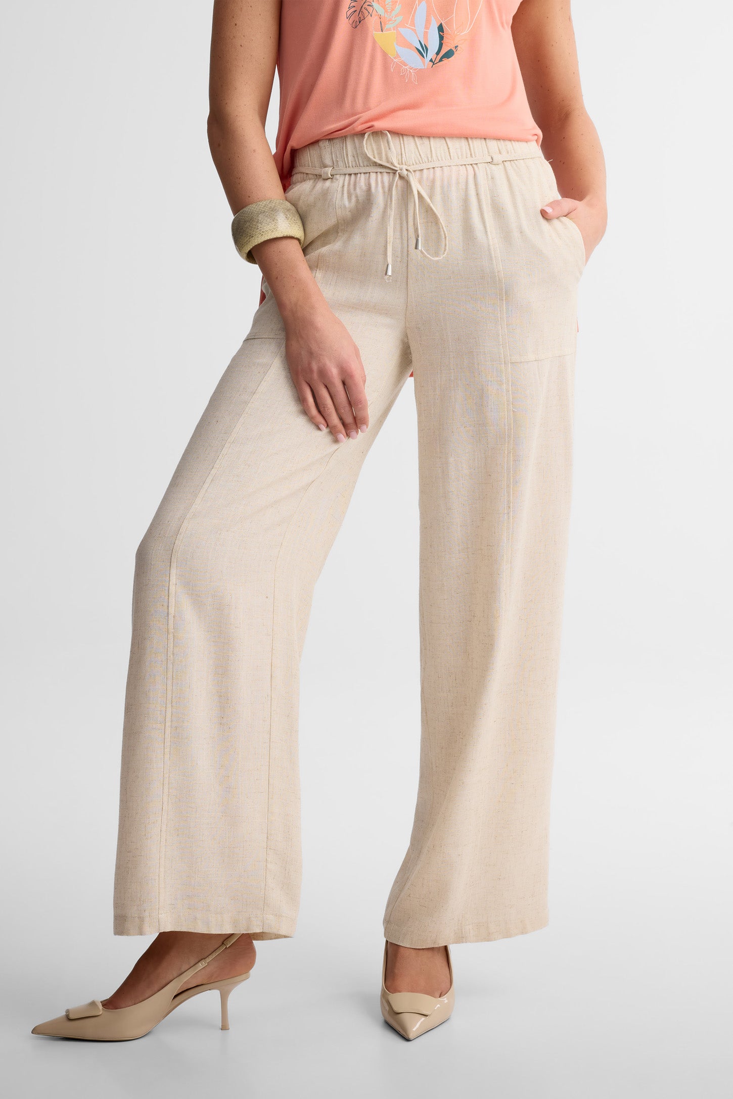 Pantalon taille haute jambe large lin - Femme && BEIGE