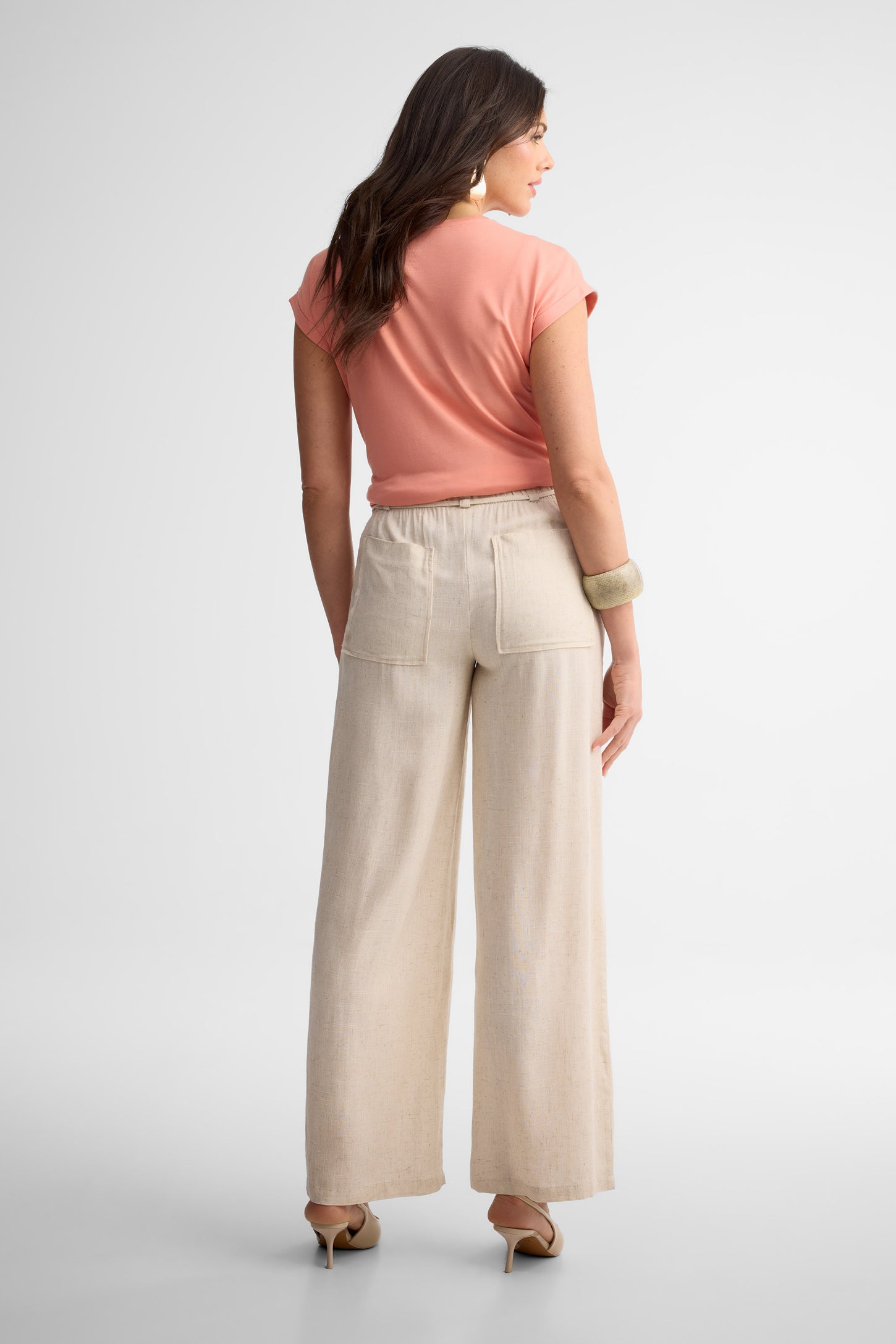 Pantalon taille haute jambe large lin - Femme && BEIGE