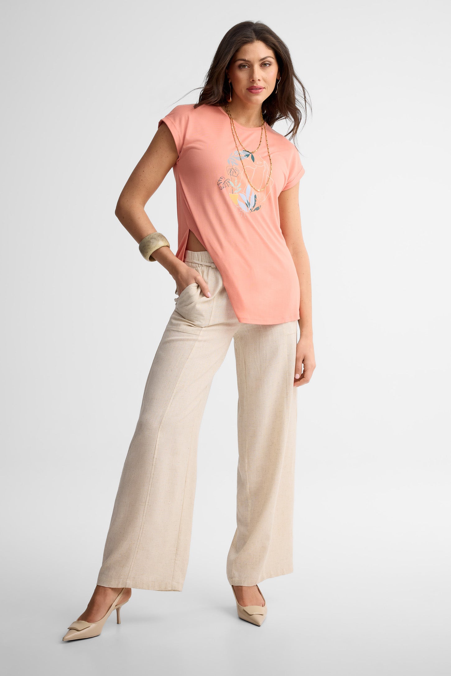 Pantalon taille haute jambe large lin - Femme && BEIGE