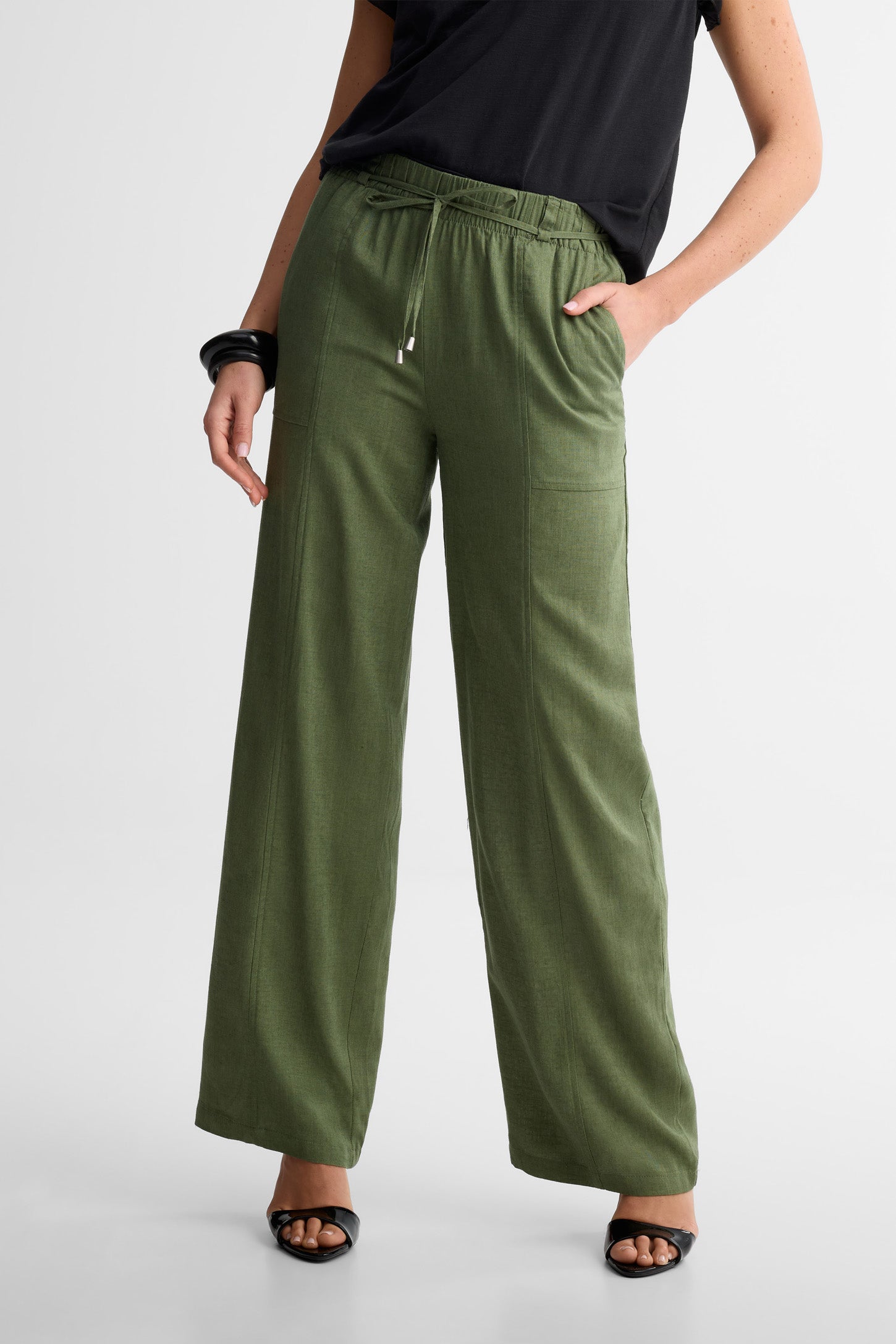 Pantalon taille haute jambe large lin - Femme && KAKI
