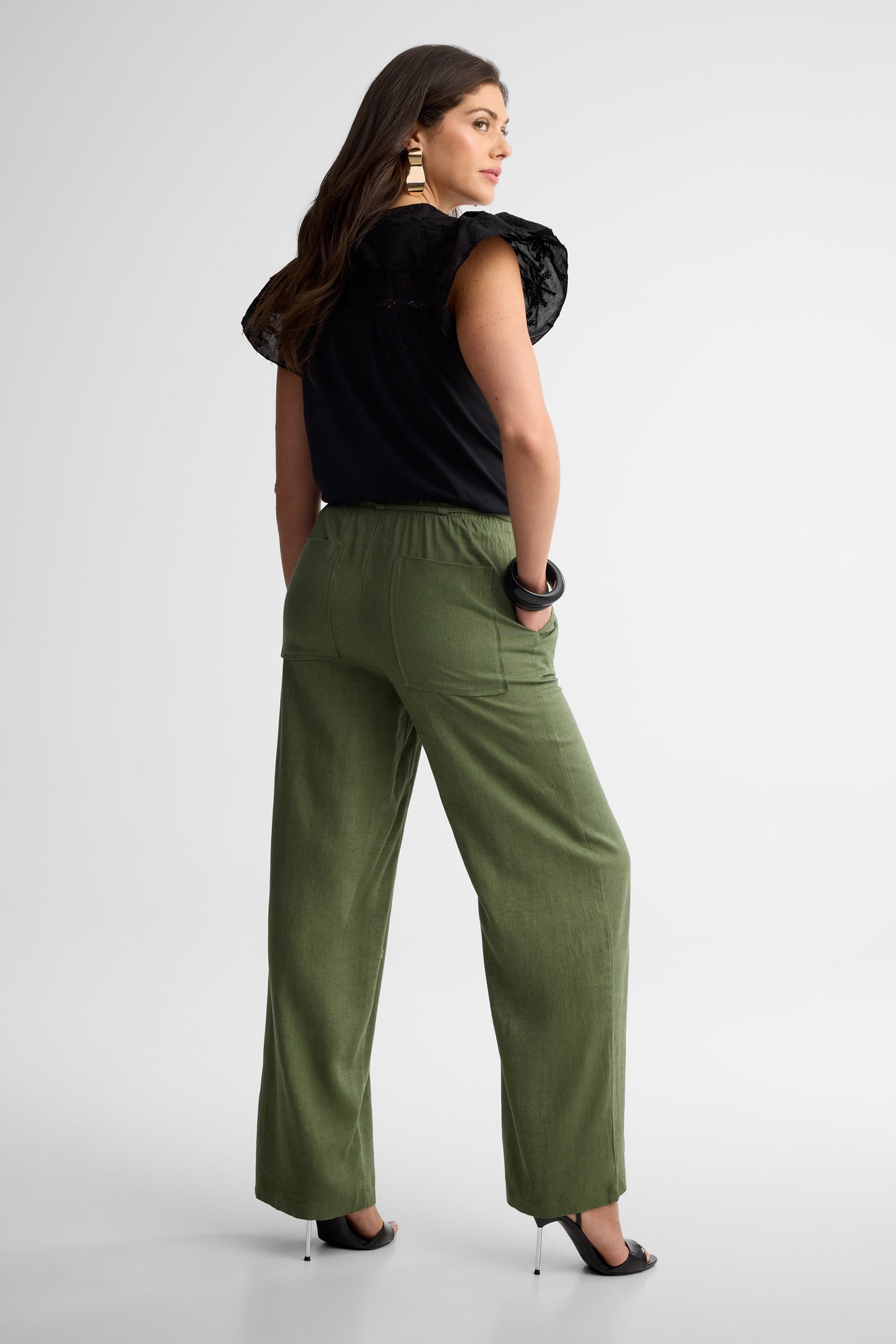 Pantalon taille haute jambe large lin - Femme && KAKI