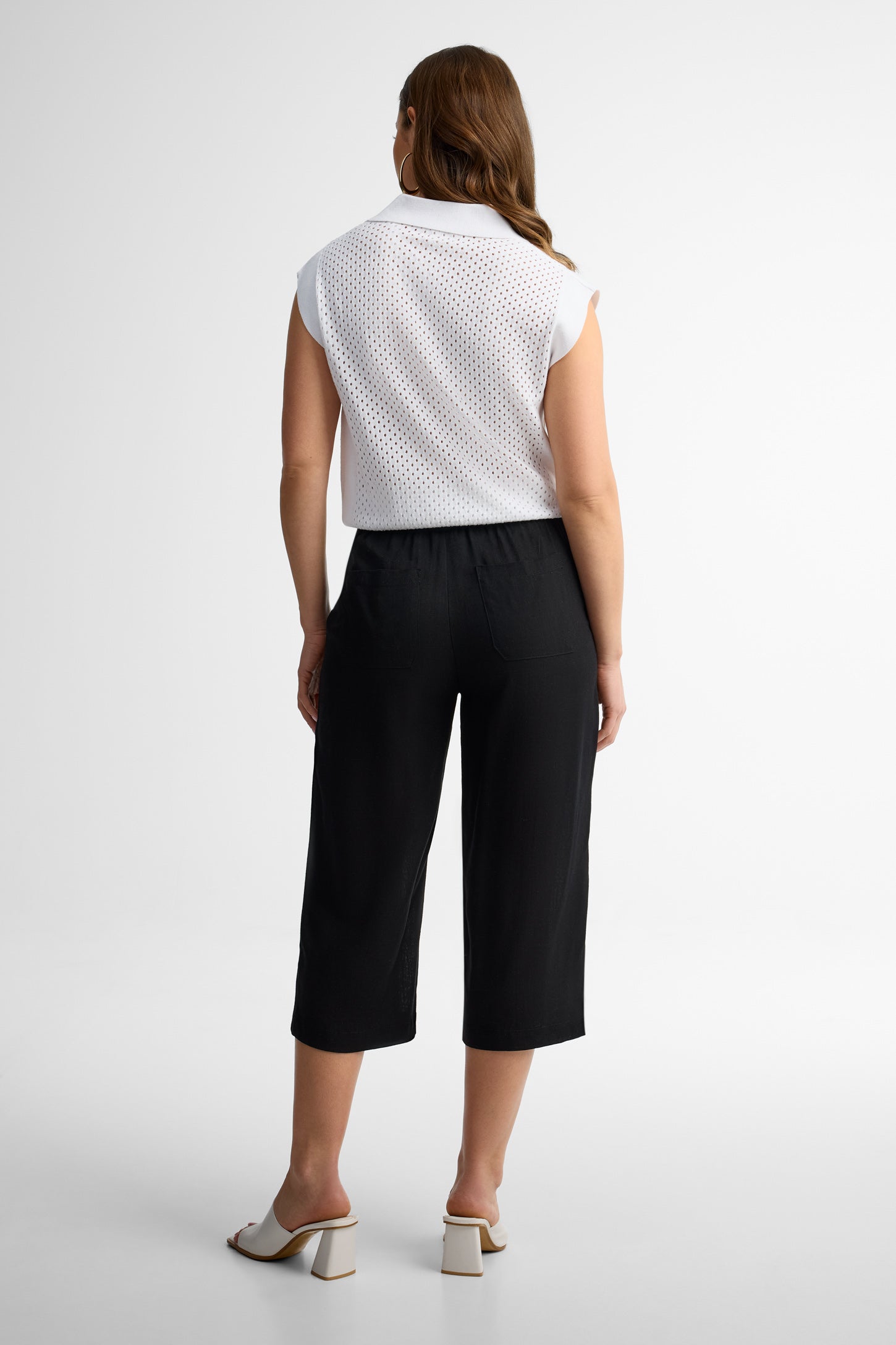 Capri taille haute jambe large lin - Femme && NOIR