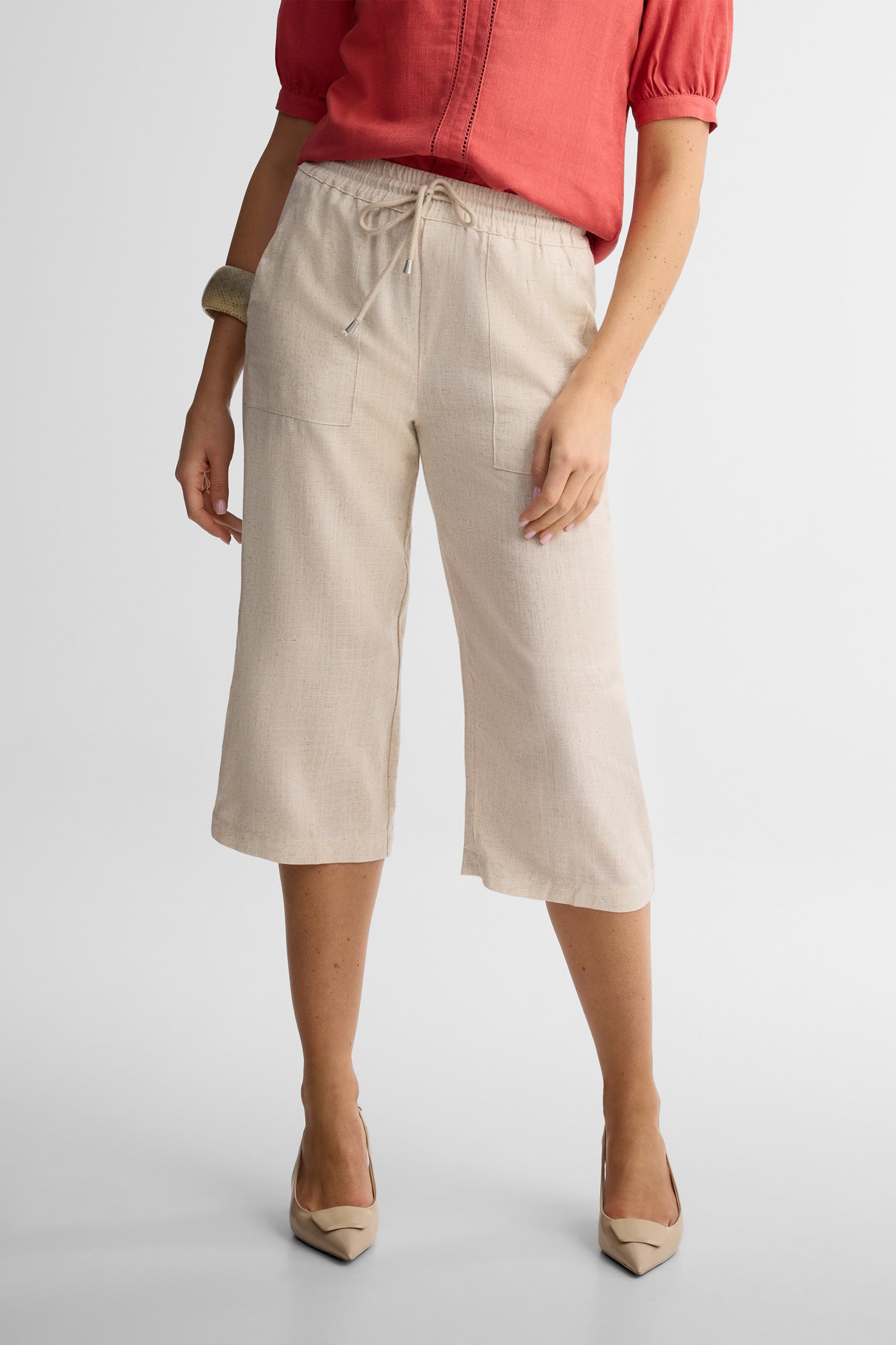 Capri taille haute jambe large lin - Femme && BEIGE