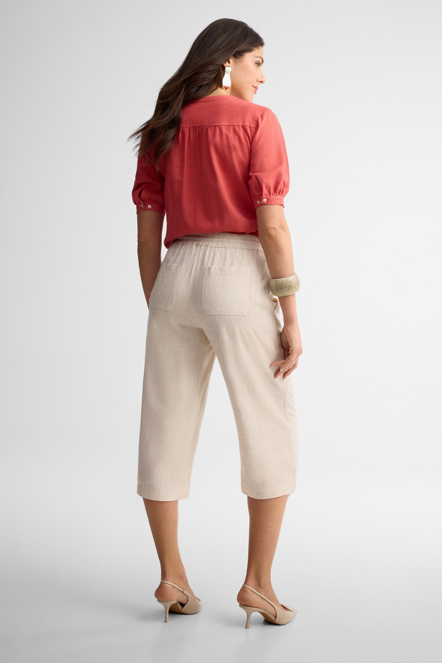 Capri taille haute jambe large lin - Femme && BEIGE