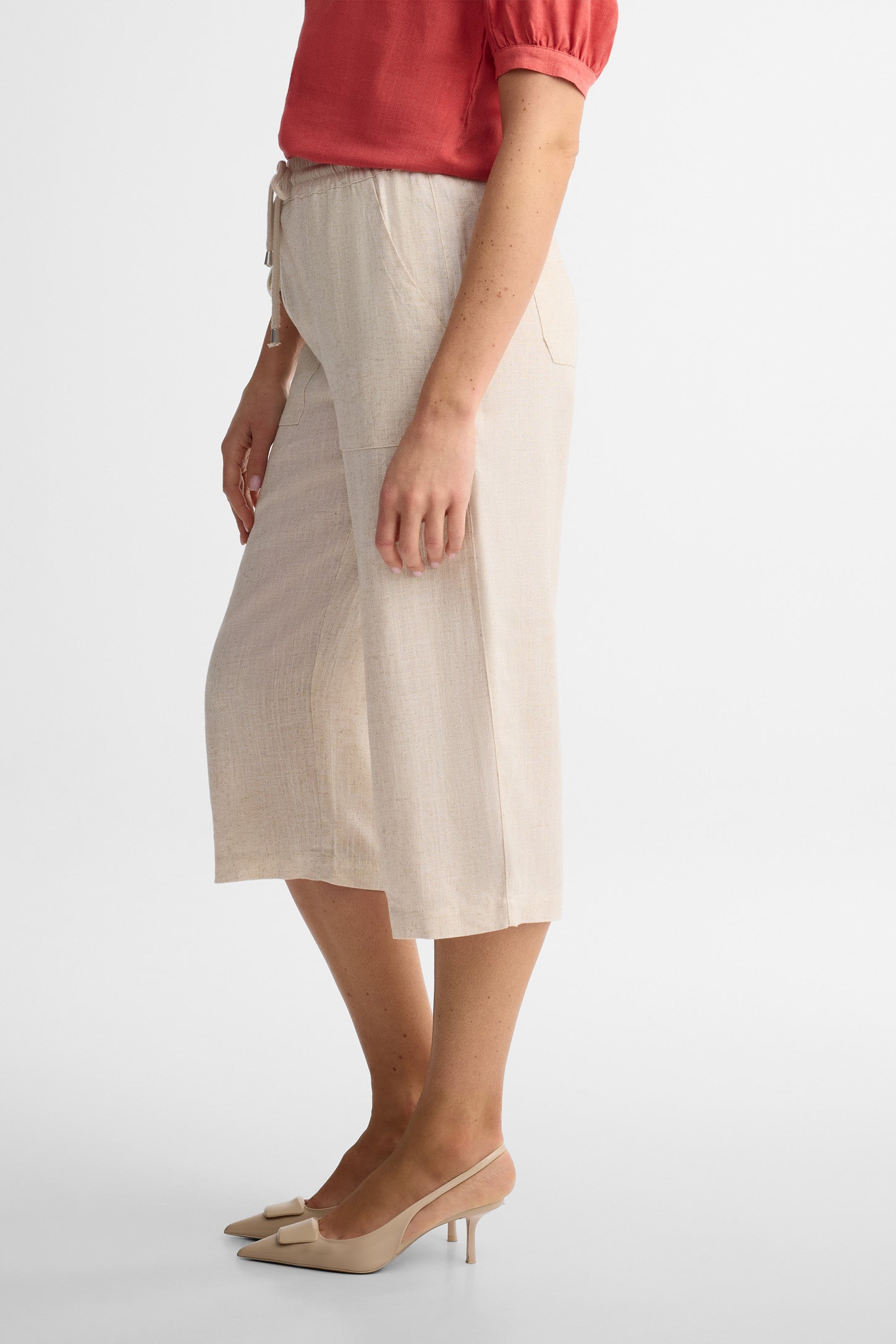 Capri taille haute jambe large lin - Femme && BEIGE