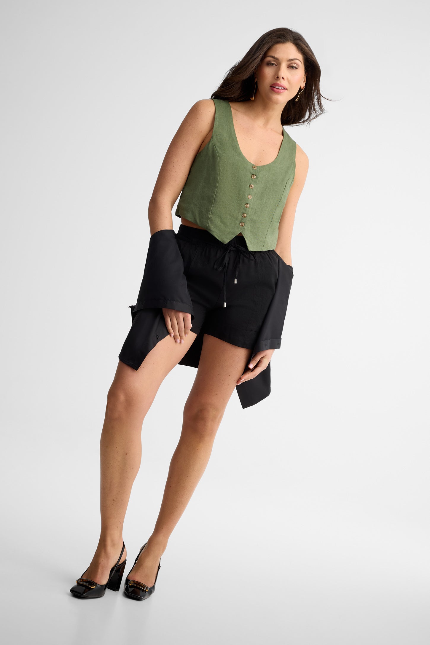 Short taille haute lin - Femme && NOIR