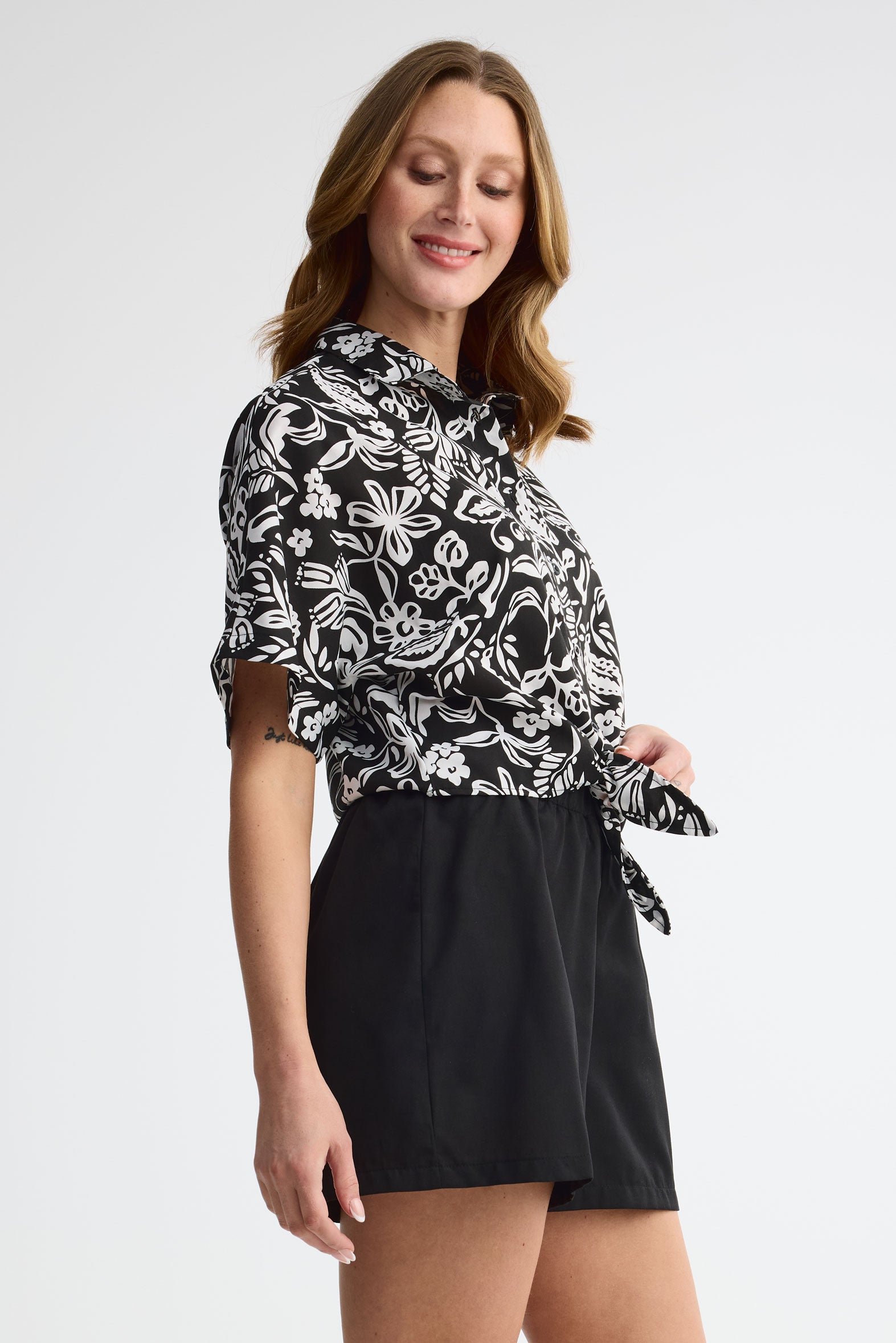 Chemisier manches courtes challis - Femme && NOIR/MULTI