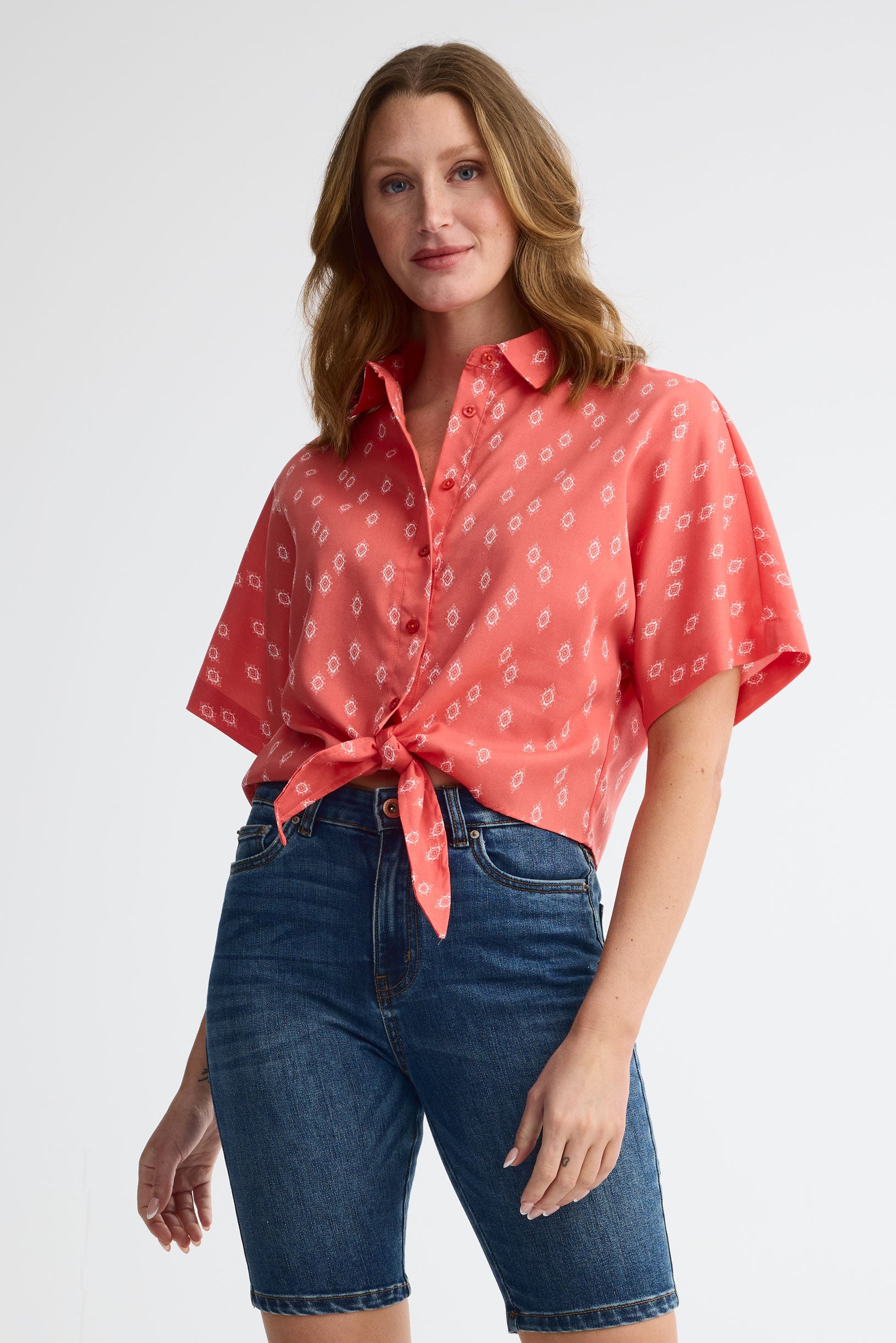 Chemisier manches courtes challis - Femme && CORAIL/MULTI