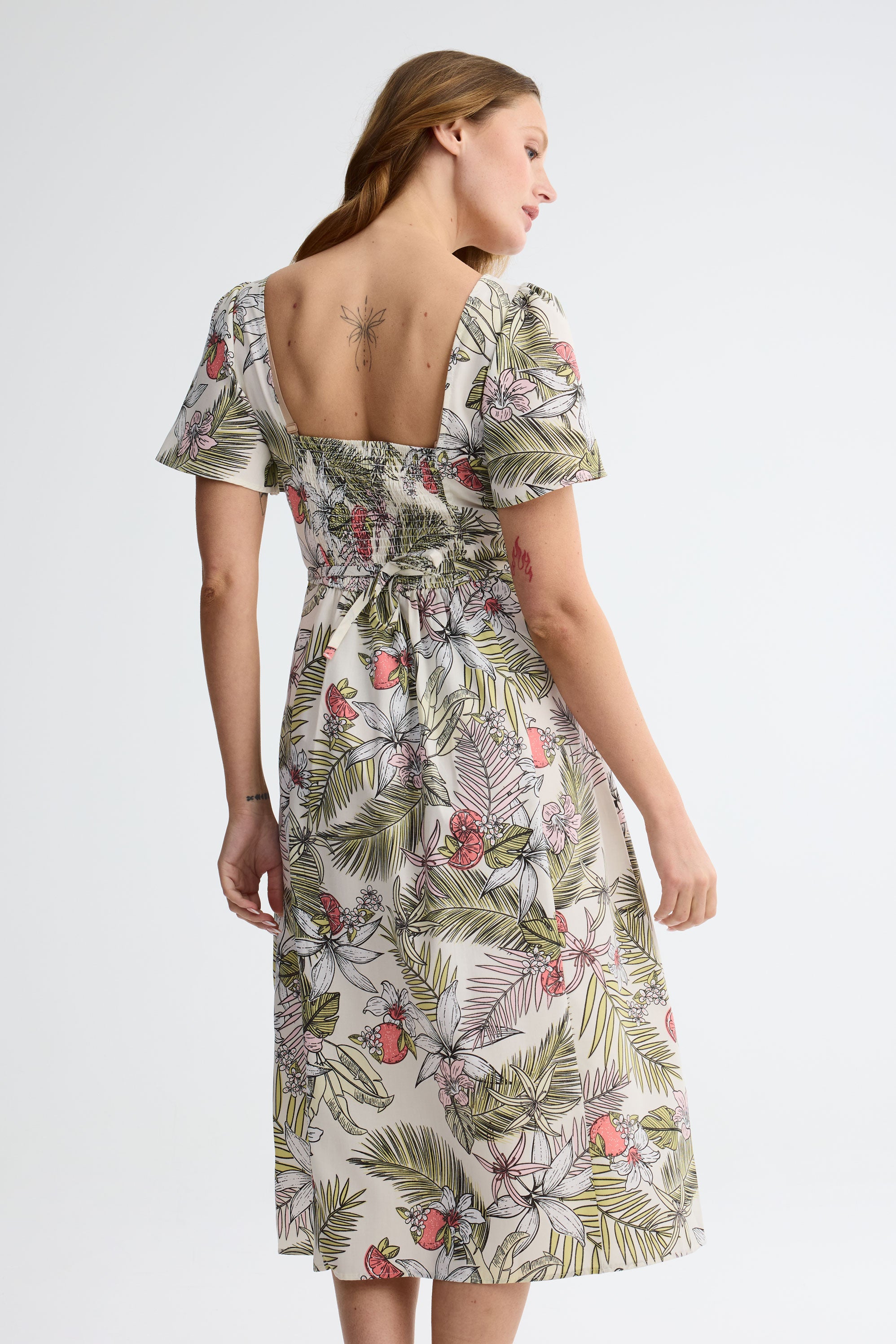 Robe midi manches courtes flottantes challis - Femme && JAUNE/MULTI