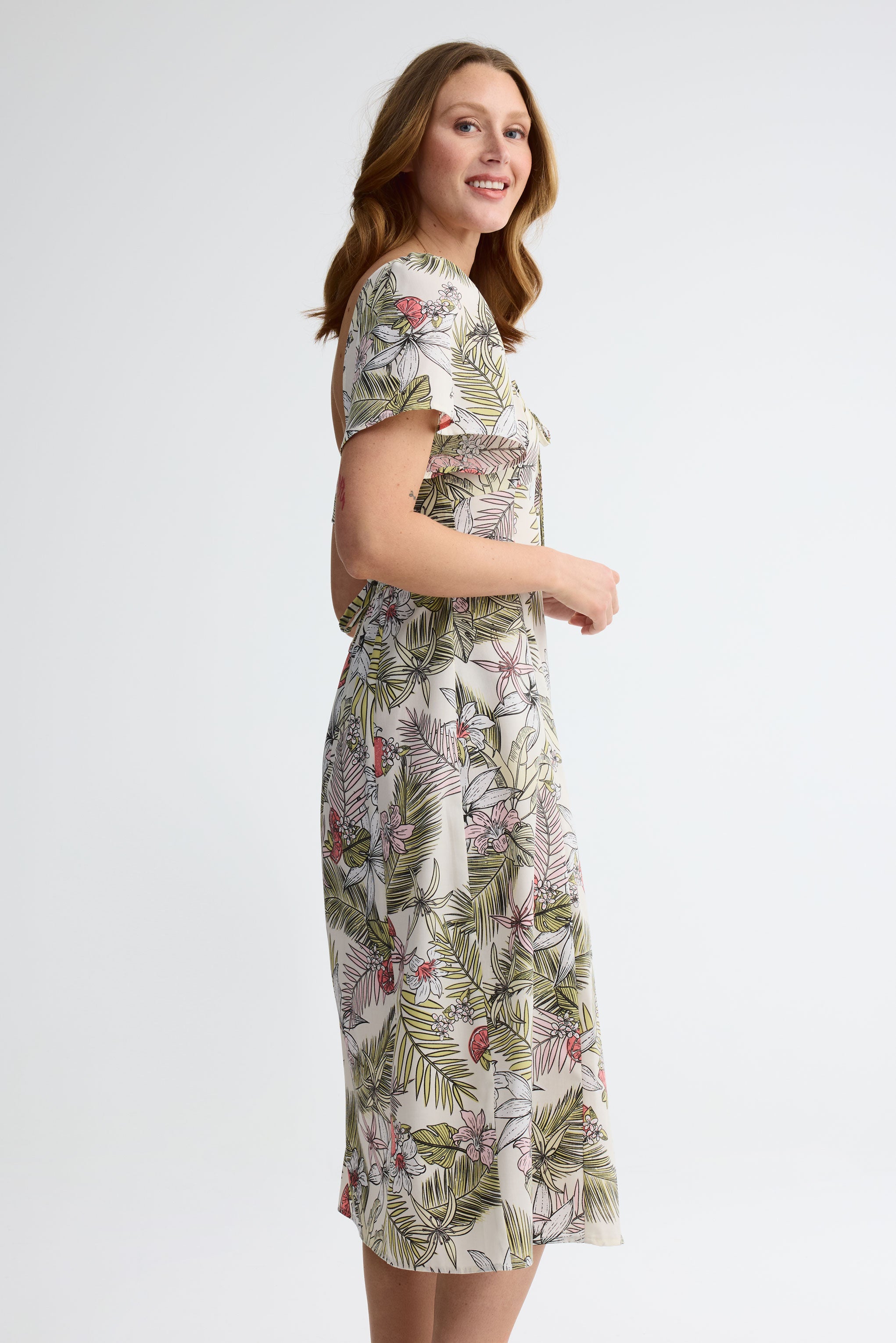 Robe midi manches courtes flottantes challis - Femme && JAUNE/MULTI