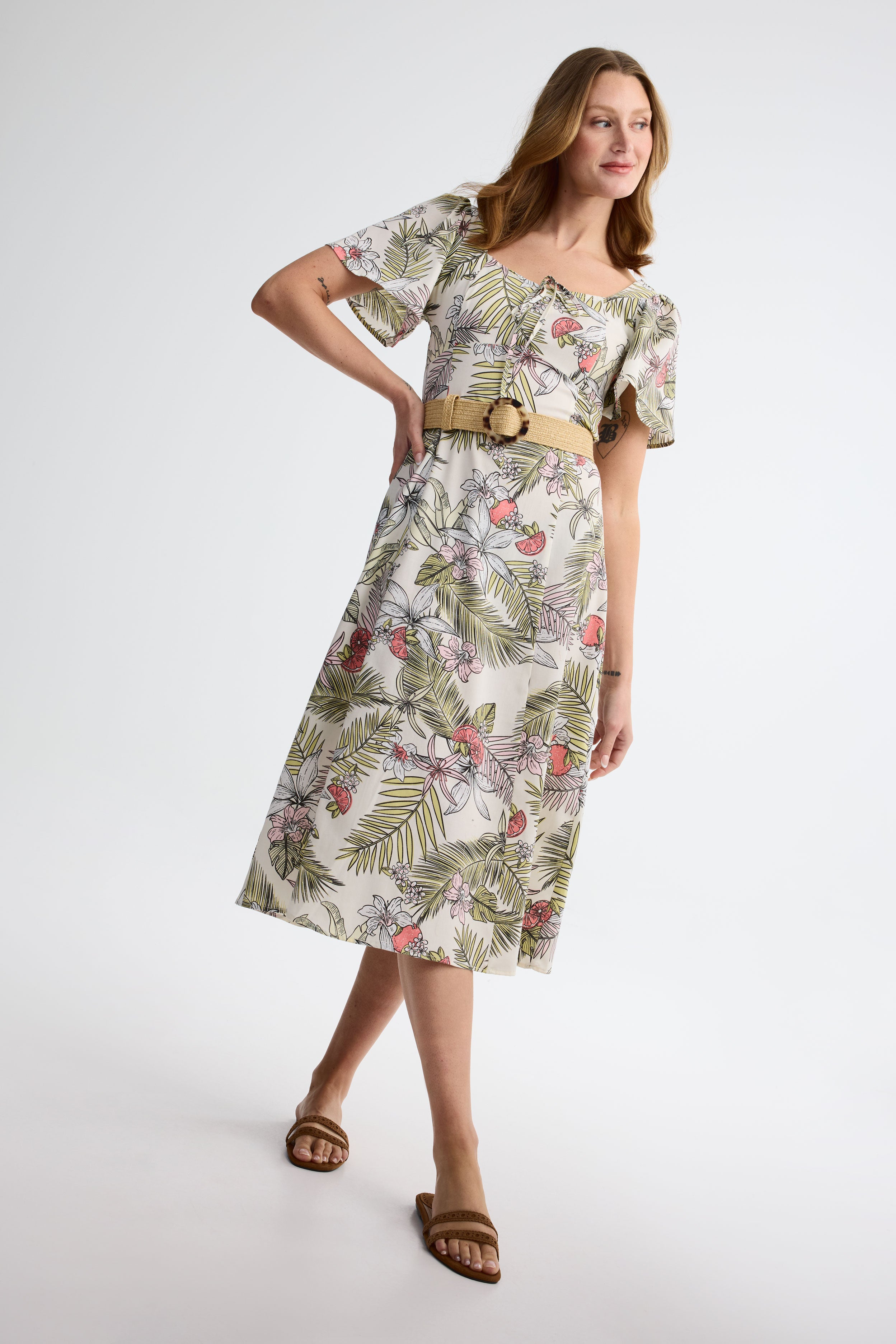 Robe midi manches courtes flottantes challis - Femme && JAUNE/MULTI