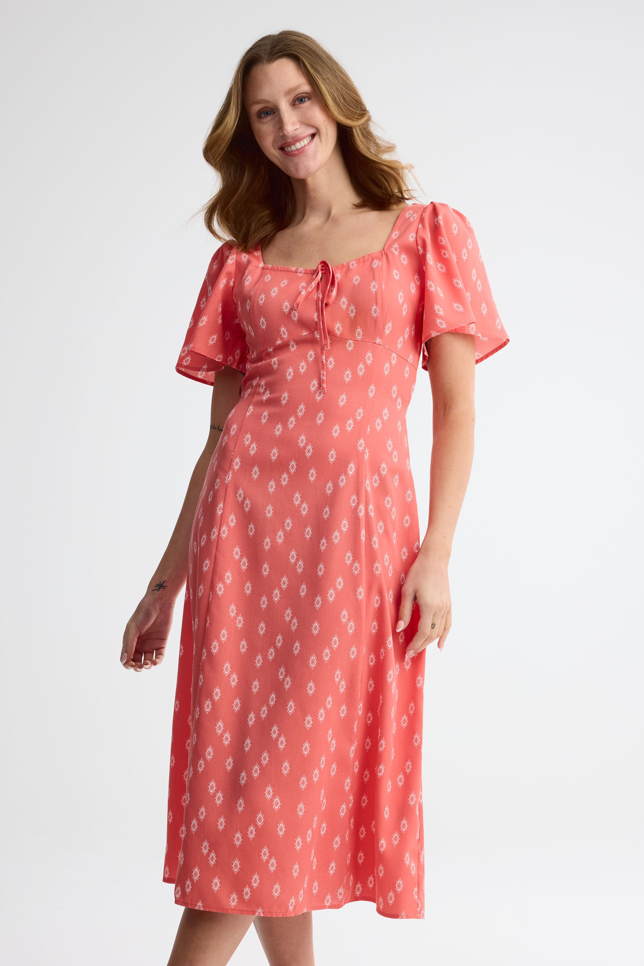 Robe midi manches courtes flottantes challis - Femme && CORAIL/MULTI