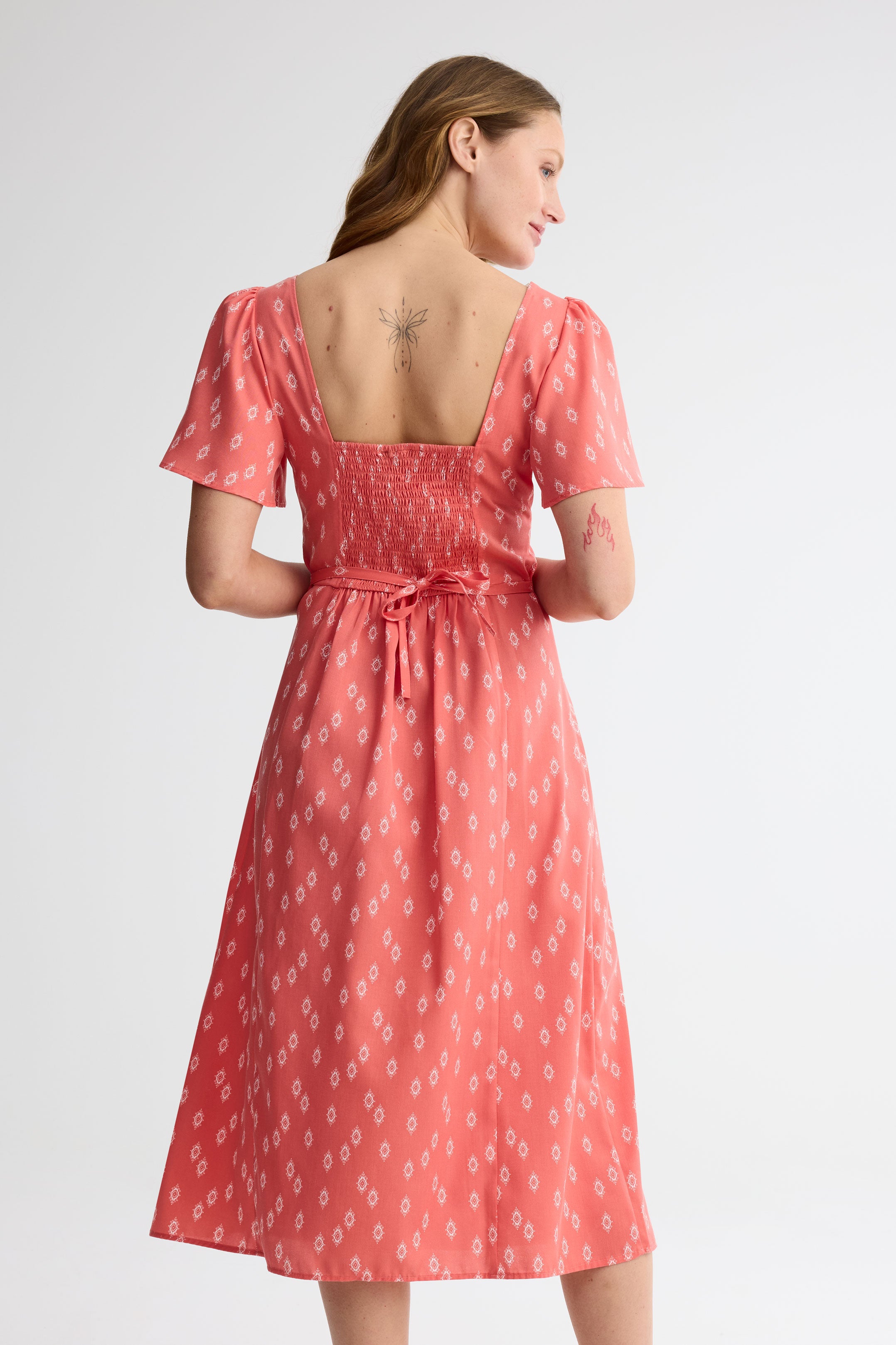 Robe midi manches courtes flottantes challis - Femme && CORAIL/MULTI