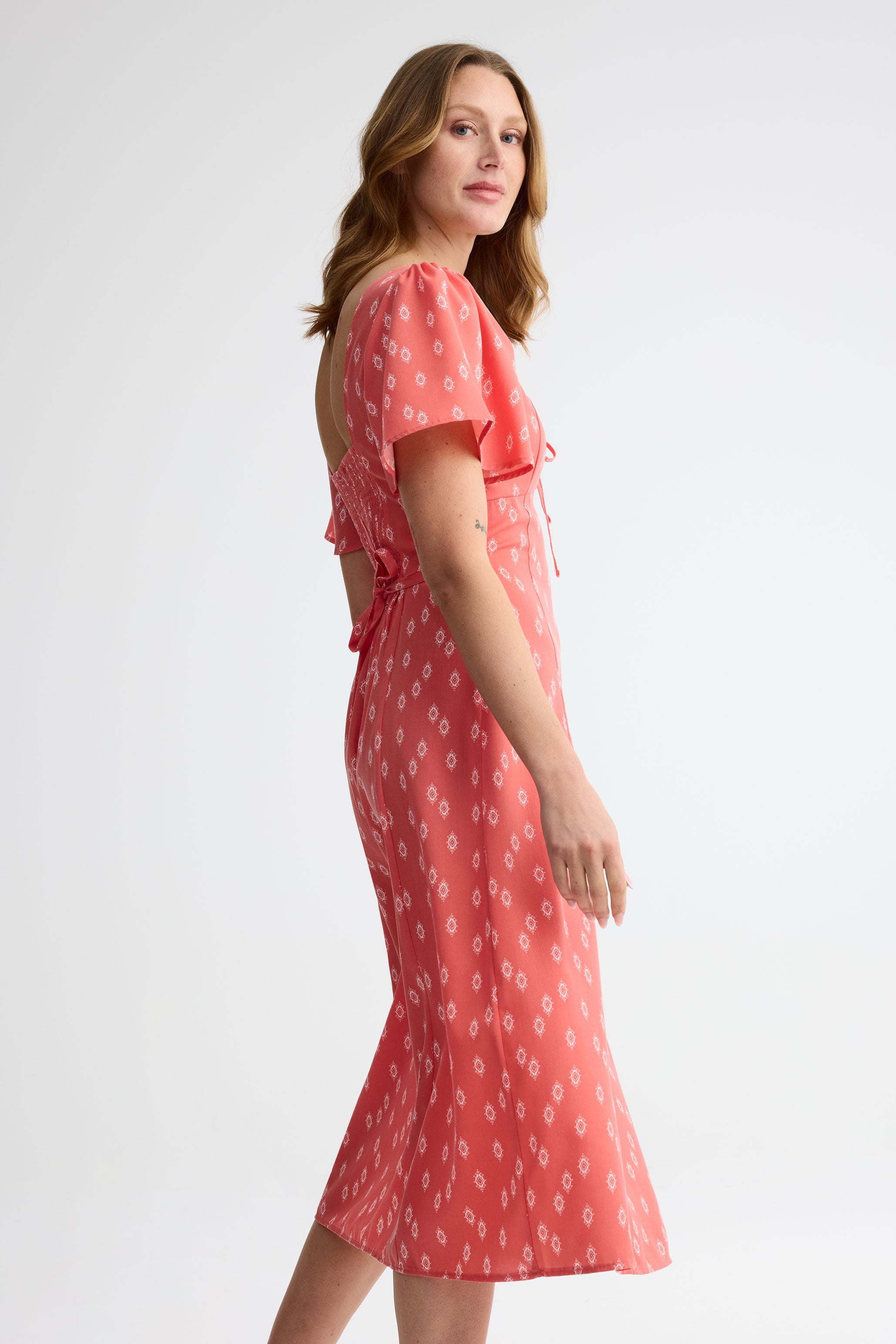 Robe midi manches courtes flottantes challis - Femme && CORAIL/MULTI