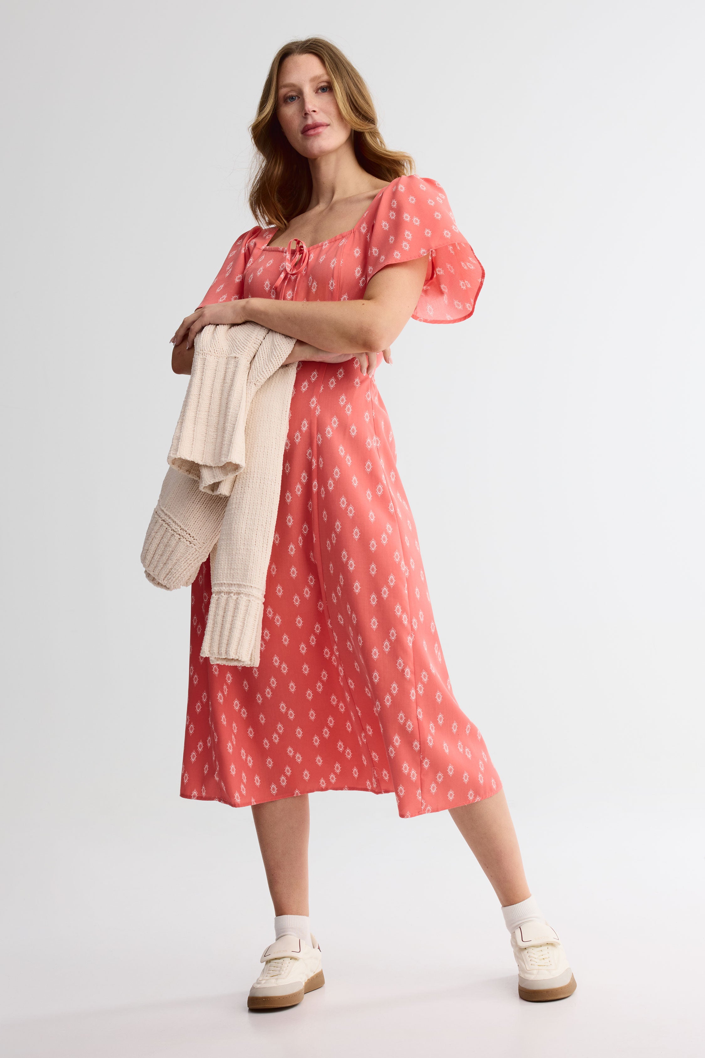 Robe midi manches courtes flottantes challis - Femme && CORAIL/MULTI