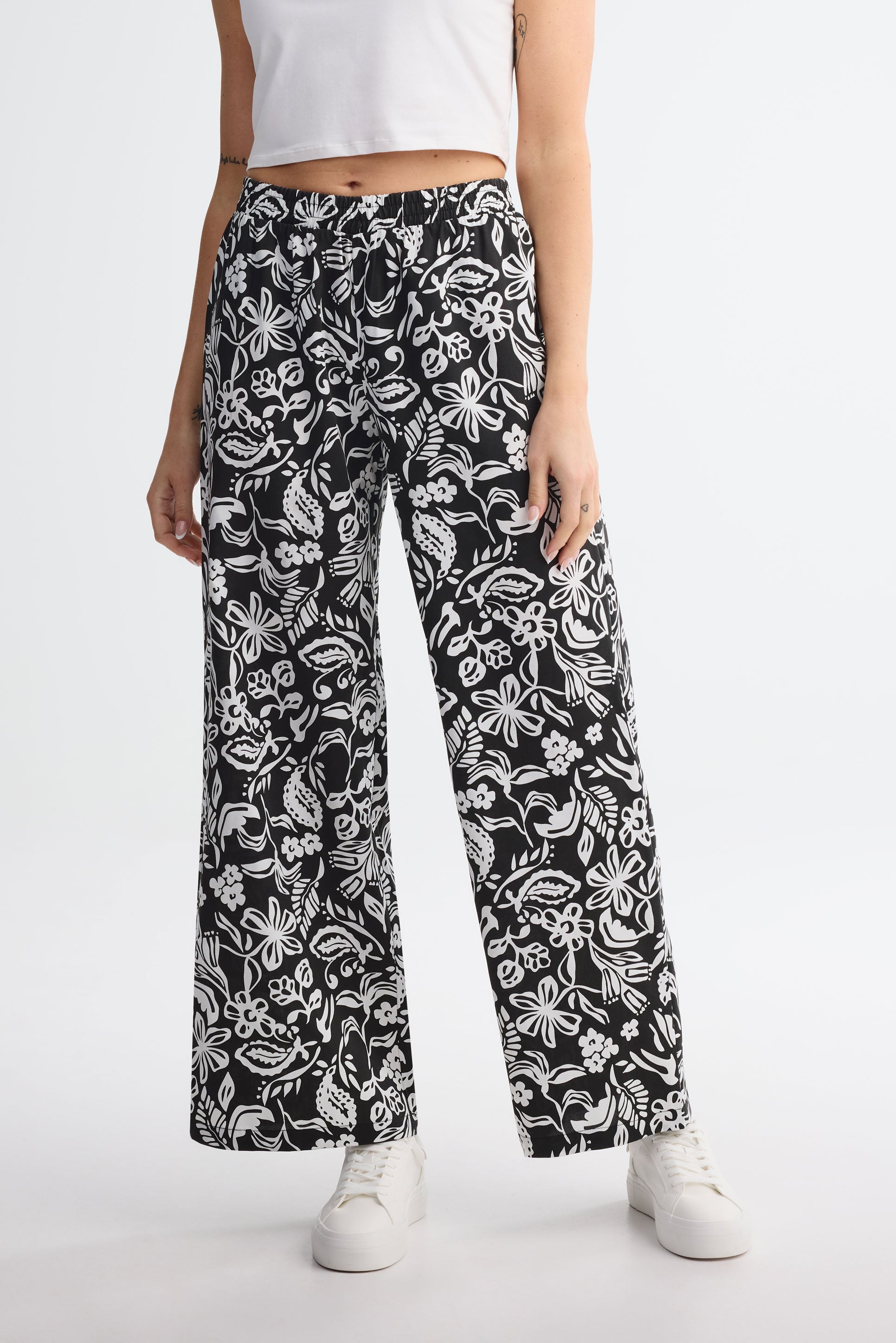 Pantalon jambe large challis - Femme && NOIR/MULTI