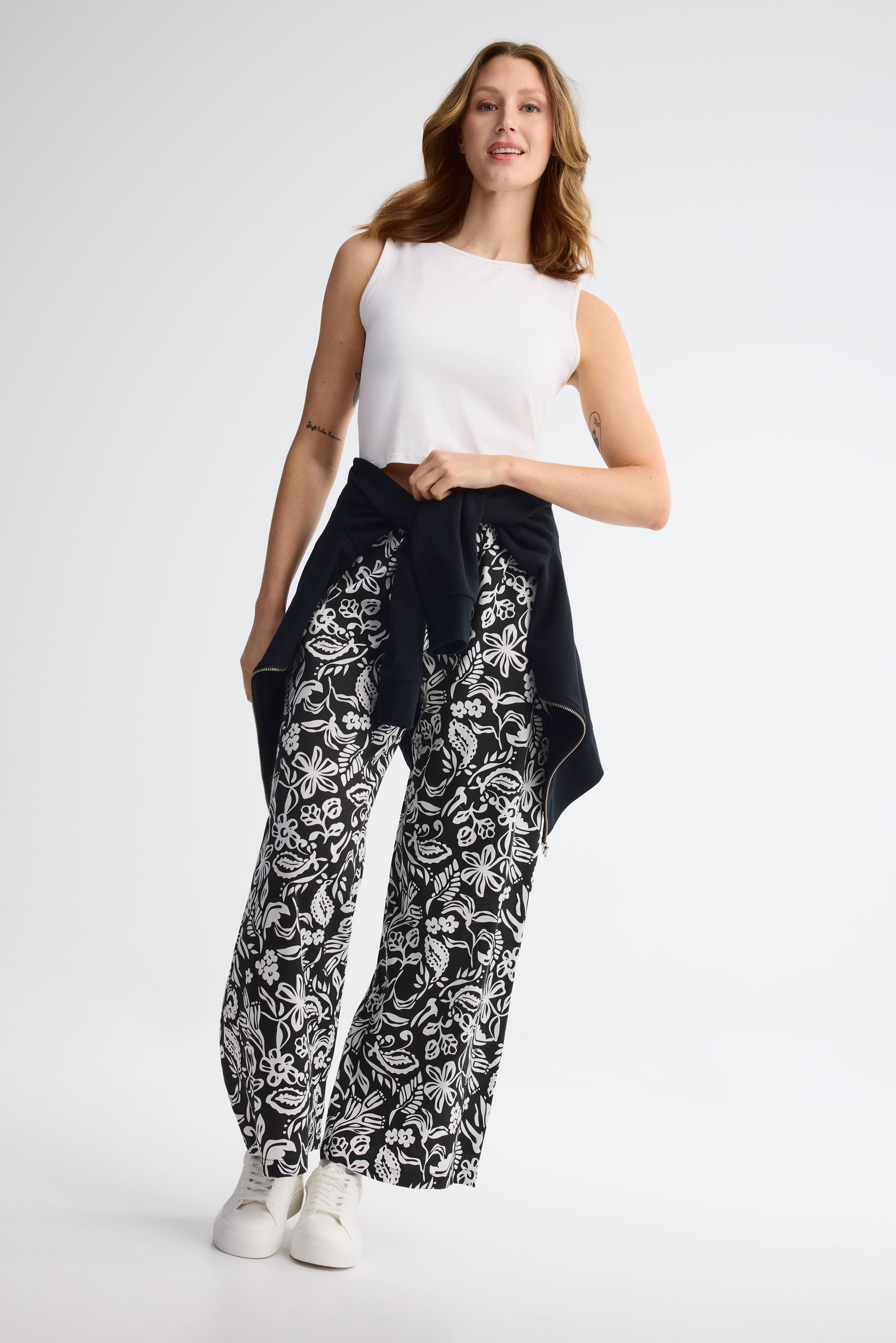 Pantalon jambe large challis - Femme && NOIR/MULTI