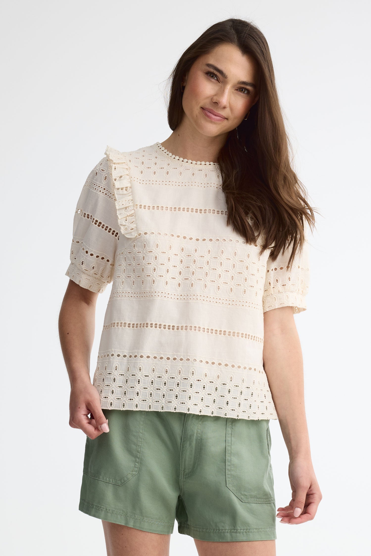 Chandail manches aux coudes en coton uni - Femme && CREME