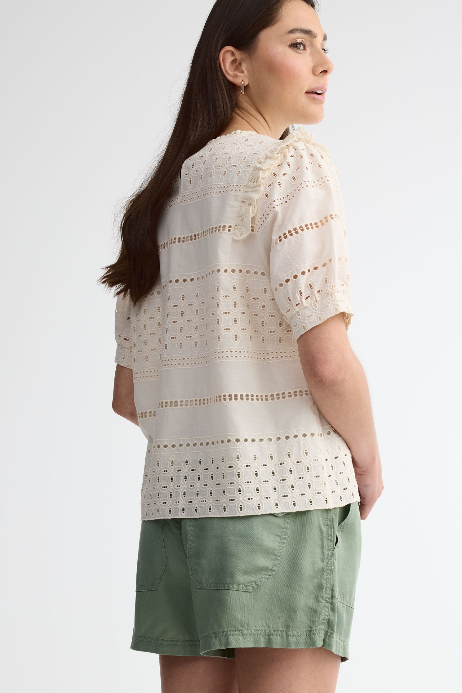 Chandail manches aux coudes en coton uni - Femme && CREME