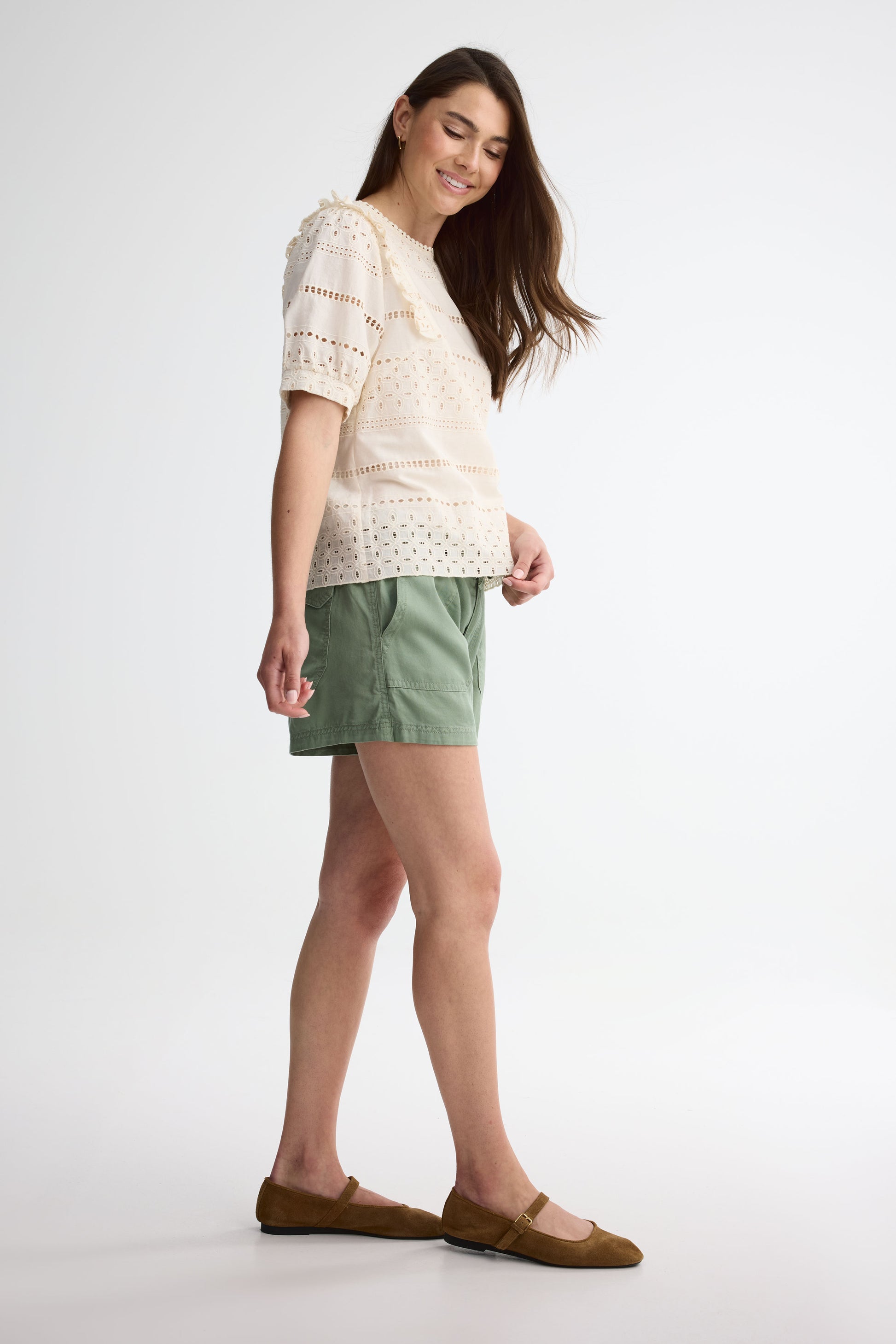 Chandail manches aux coudes en coton uni - Femme && CREME