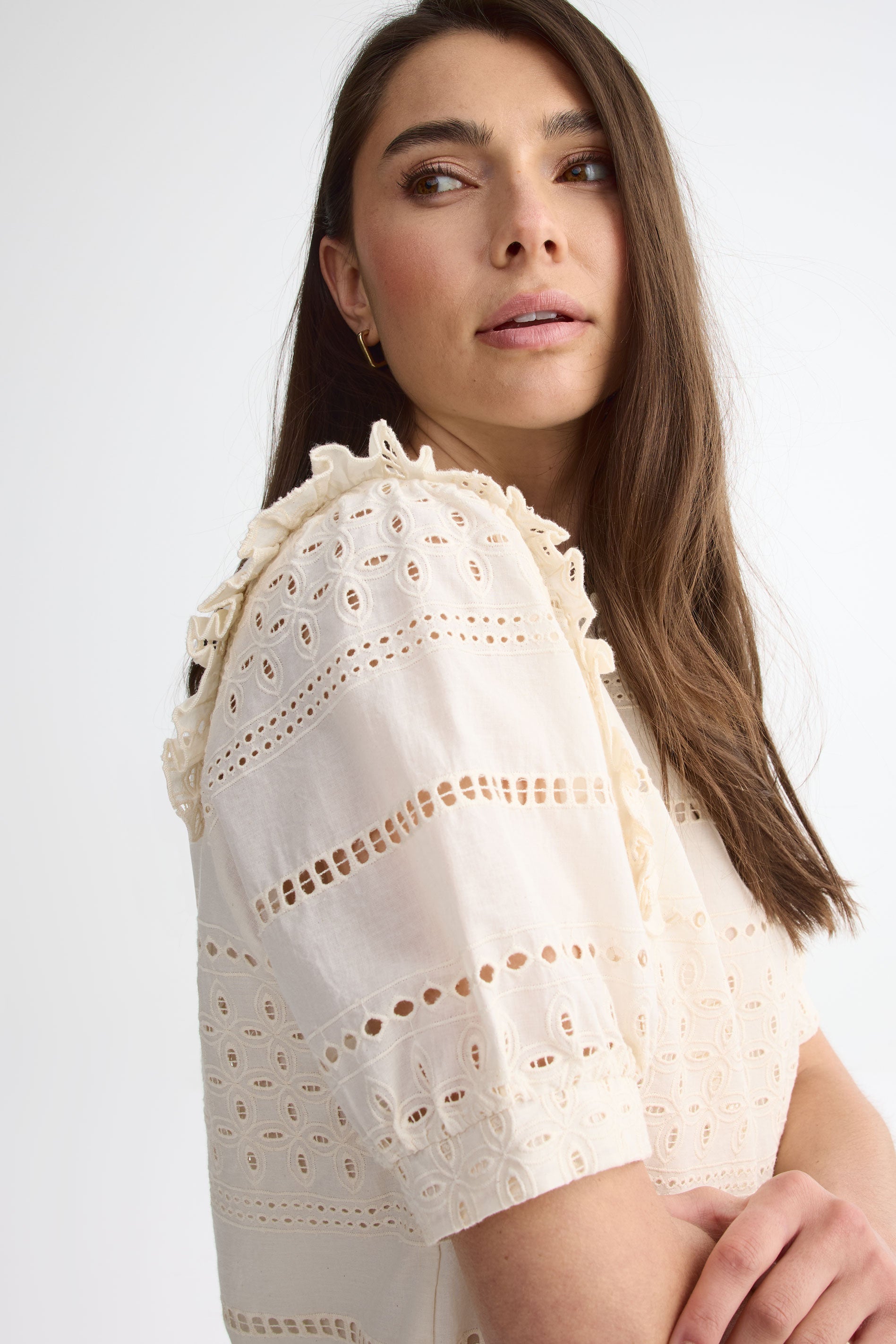 Chandail manches aux coudes en coton uni - Femme && CREME
