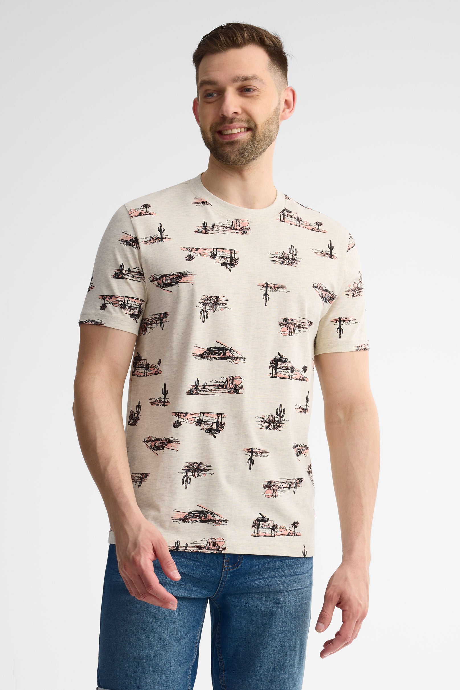 T-shirt col rond coton, 2/30$ - Homme && BEIGE/MULTI