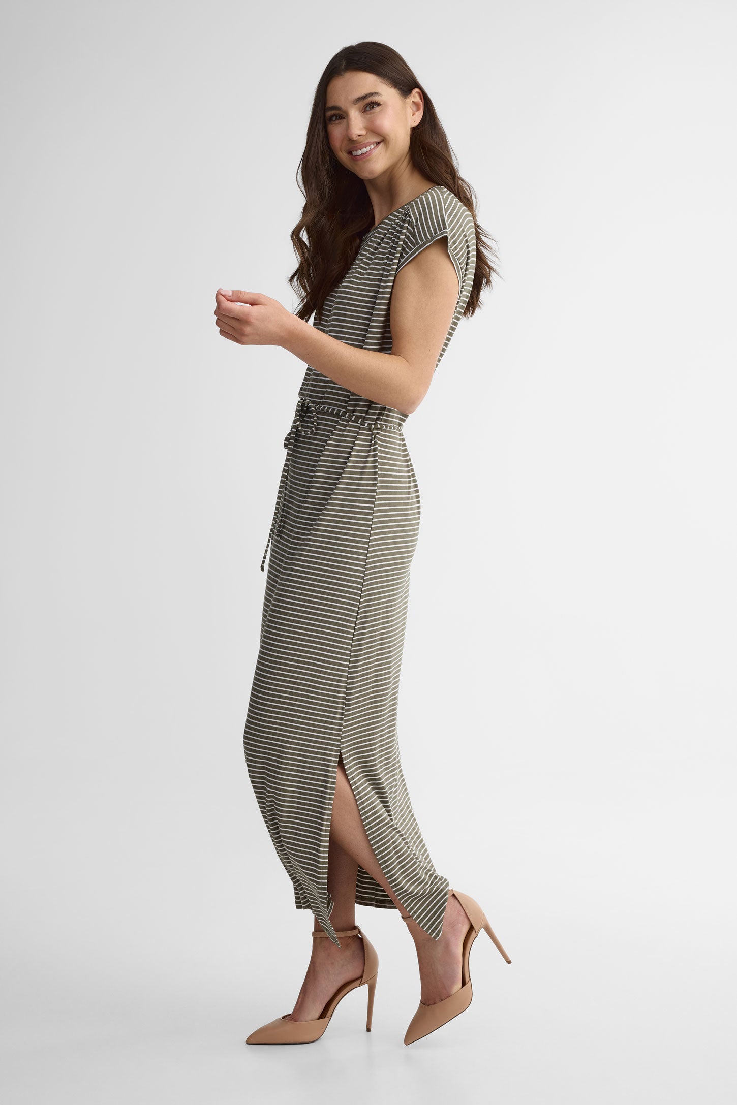 Robe maxi manches courtes - Femme && KAKI/MULTI