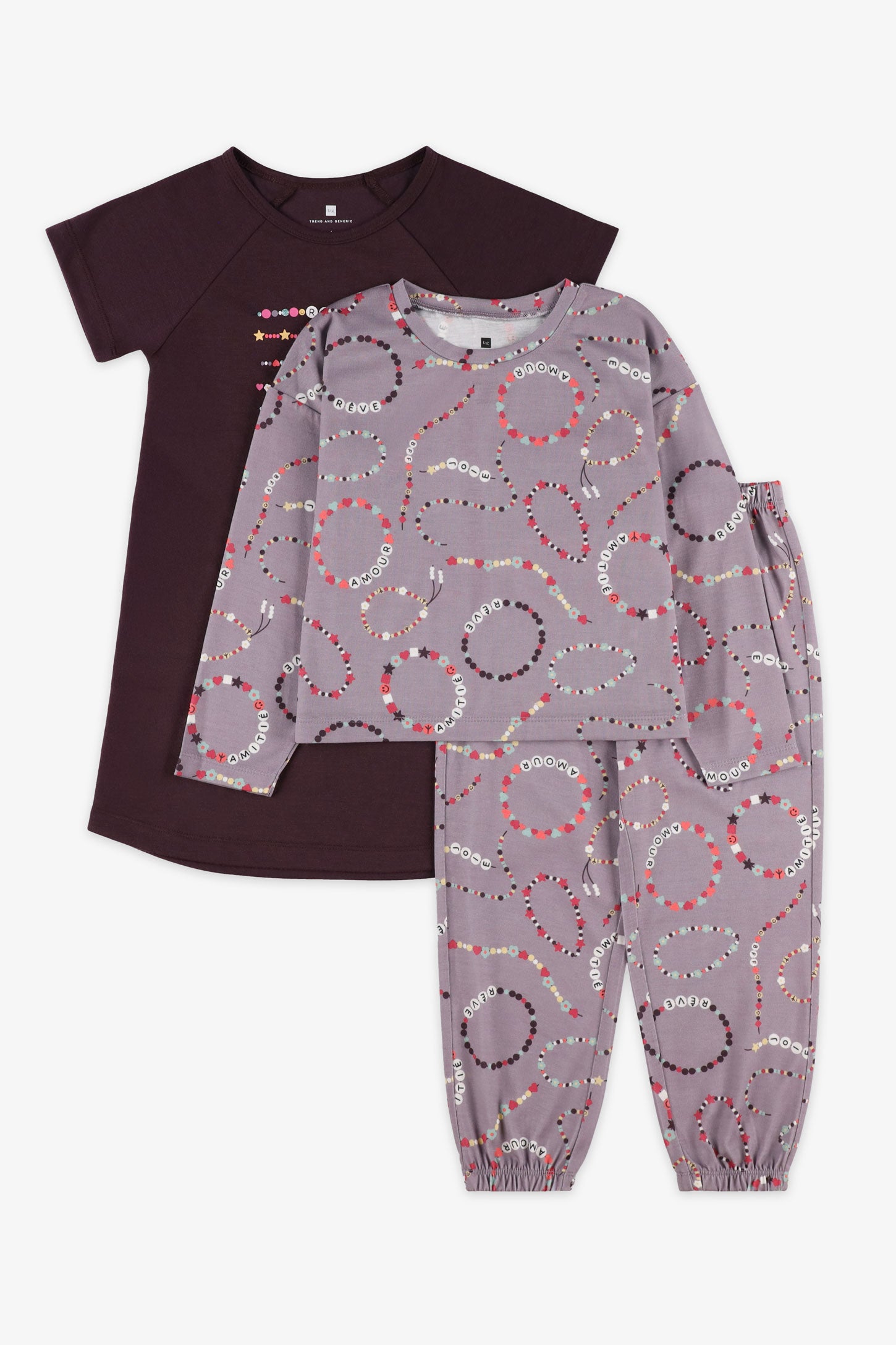 Pyjama 3-pièces imprimé - Enfant fille && MAUVE/MULTI