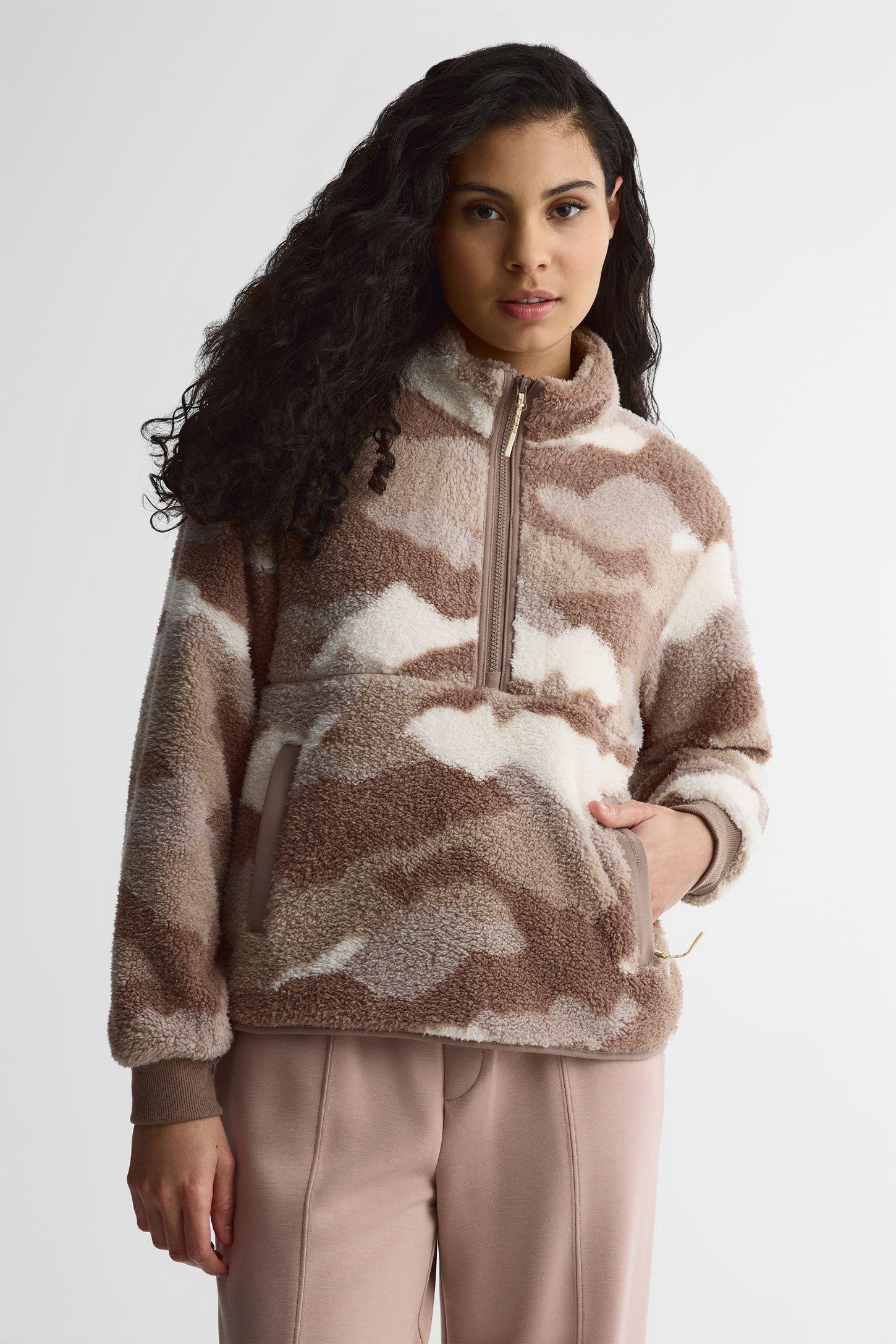 Chandail col montant demi fermeture éclair sherpa - Women && BEIGE/MULTI