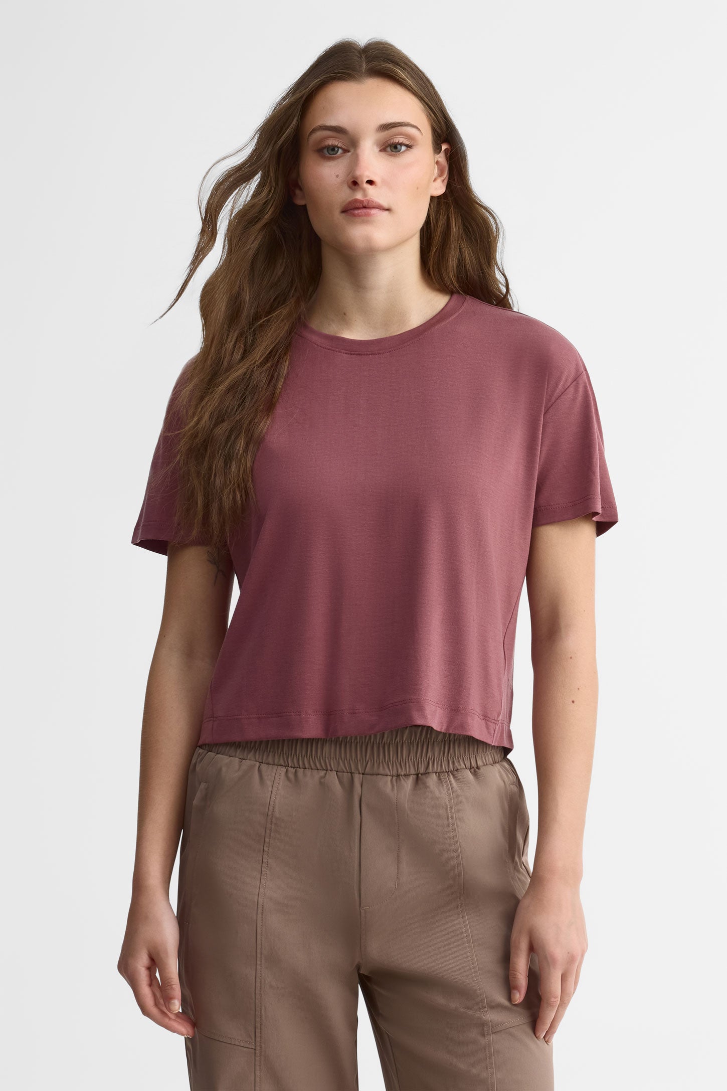 T-shirt col rond lyocell - Femme && BOURGOGNE