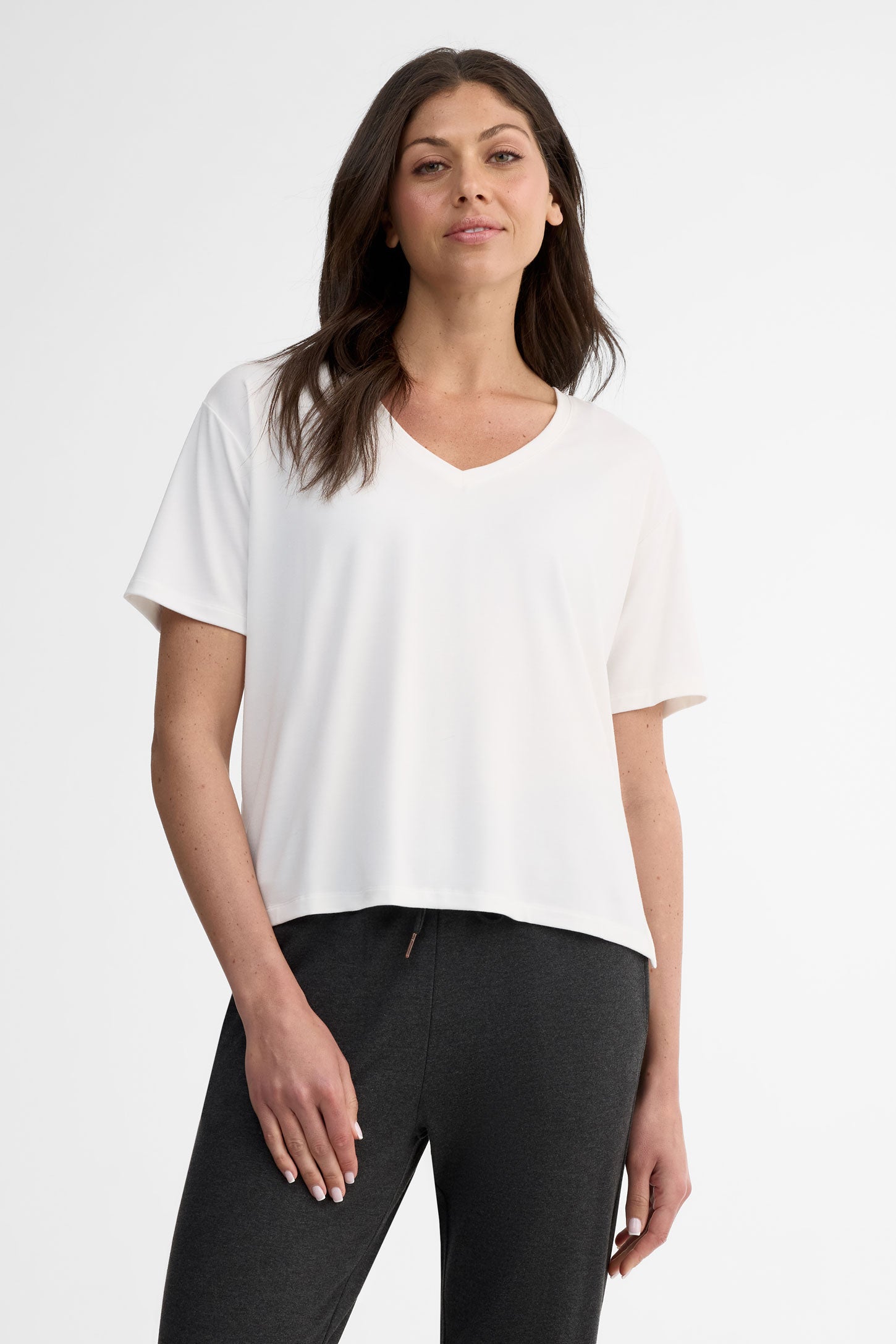 T-shirt col en V modal - Femme && BLANC CASSÉ