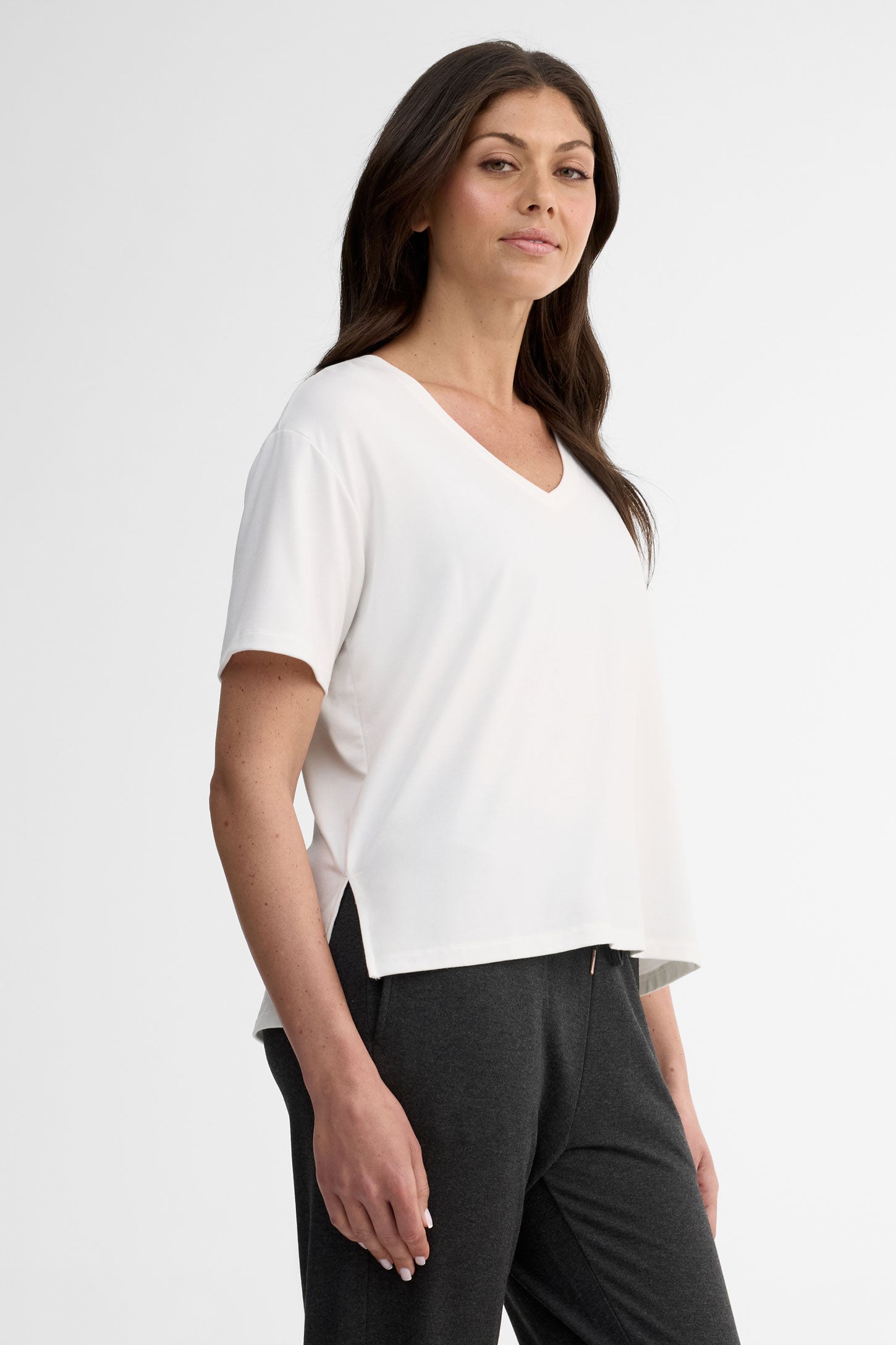 T-shirt col en V modal - Femme && BLANC CASSÉ