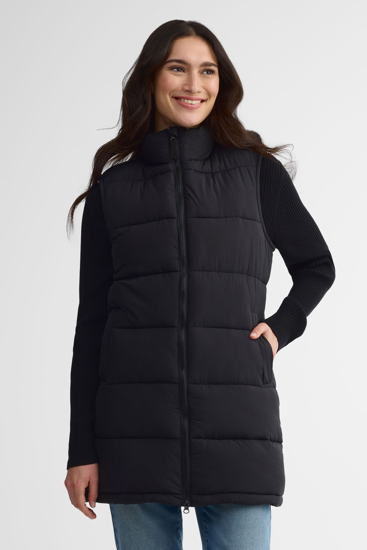 Veste longue matelassée sans manches - Femme && NOIR