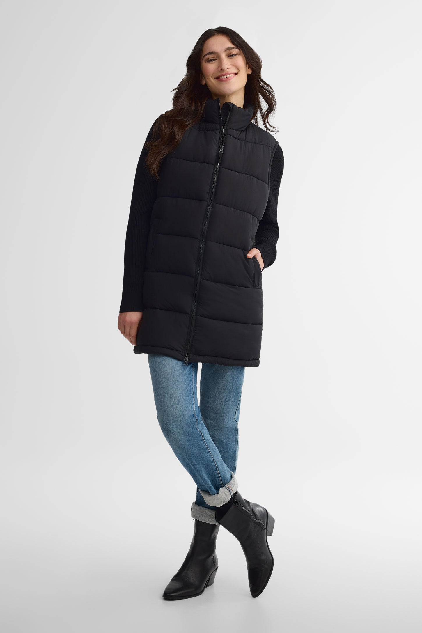 Veste longue matelassée sans manches - Femme && NOIR
