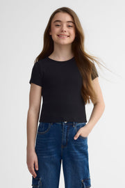 T-shirt col rond côtelé - Ado fille && NOIR